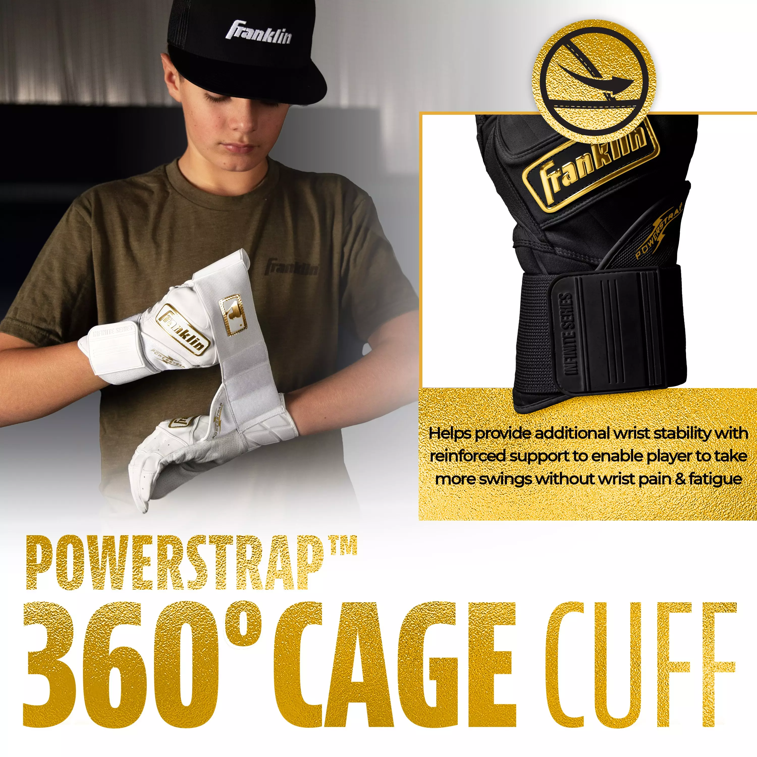 Franklin Sports MLB Youth Powerstrap Batting Gloves - Black/Gold - BLACK/GOLD