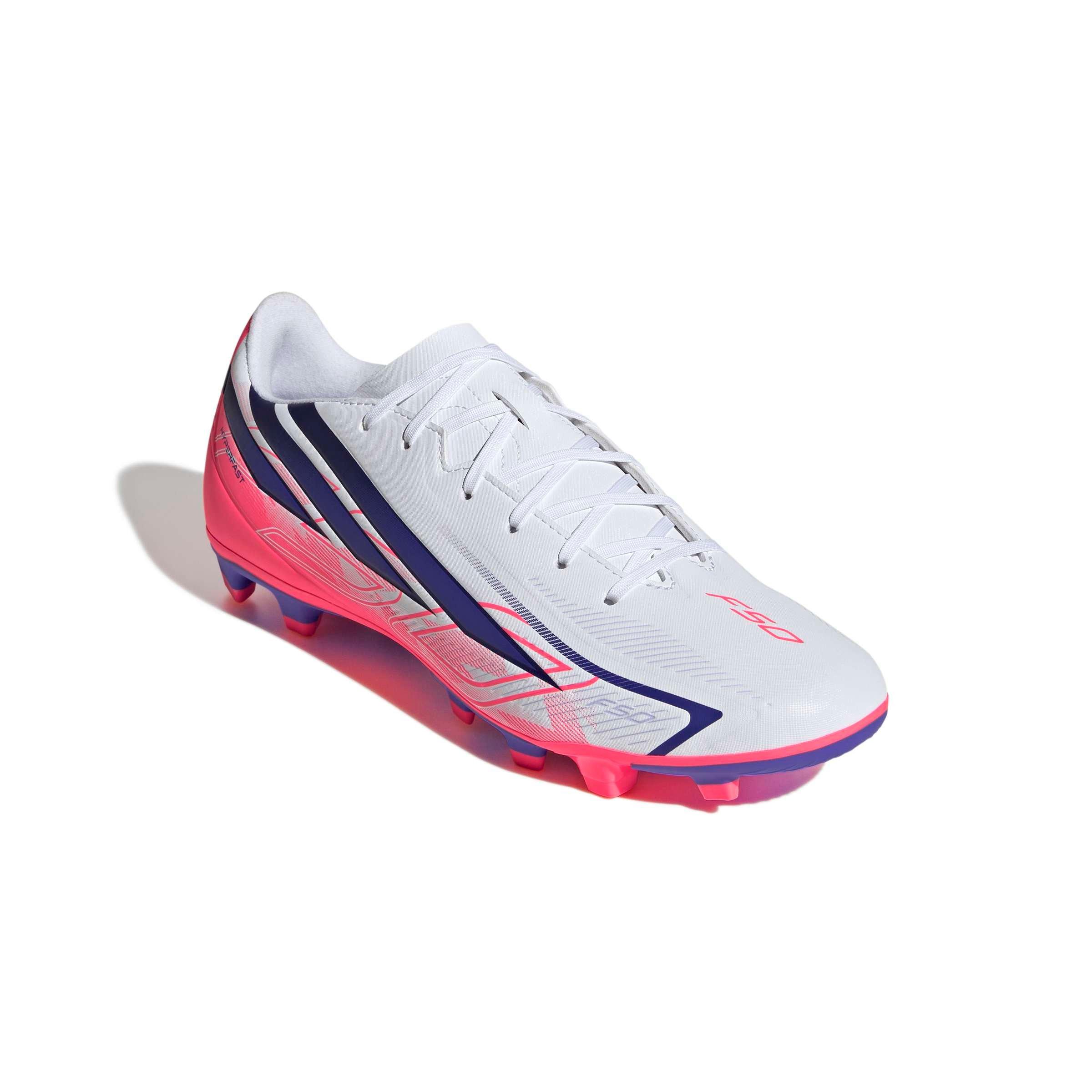 adidas F50 Hyperfast Club MG "Ftwr White/Solar Purple/Solar Turbo" Men's Soccer Cleat - WHITE/PURPLE/SOLAR