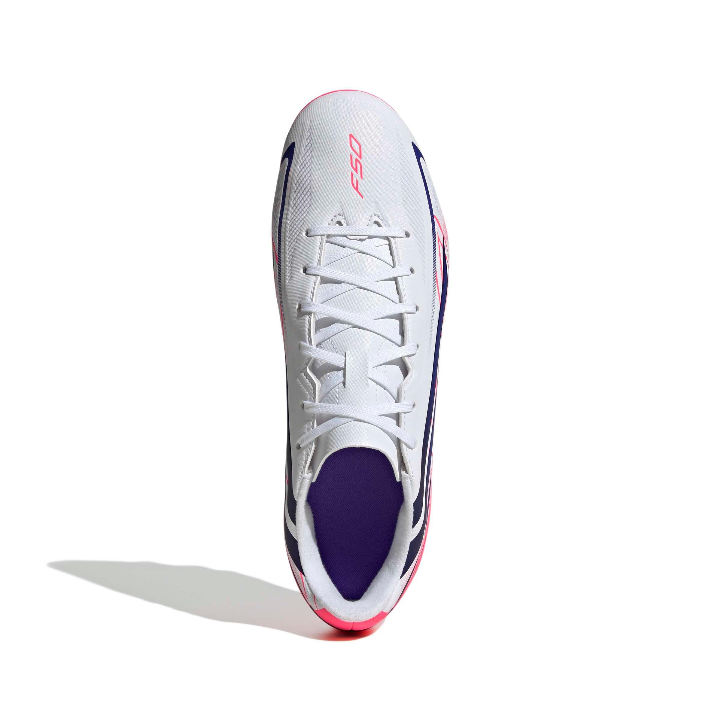 adidas F50 Hyperfast Club MG "Ftwr White/Solar Purple/Solar Turbo" Men's Soccer Cleat - WHITE/PURPLE/SOLAR
