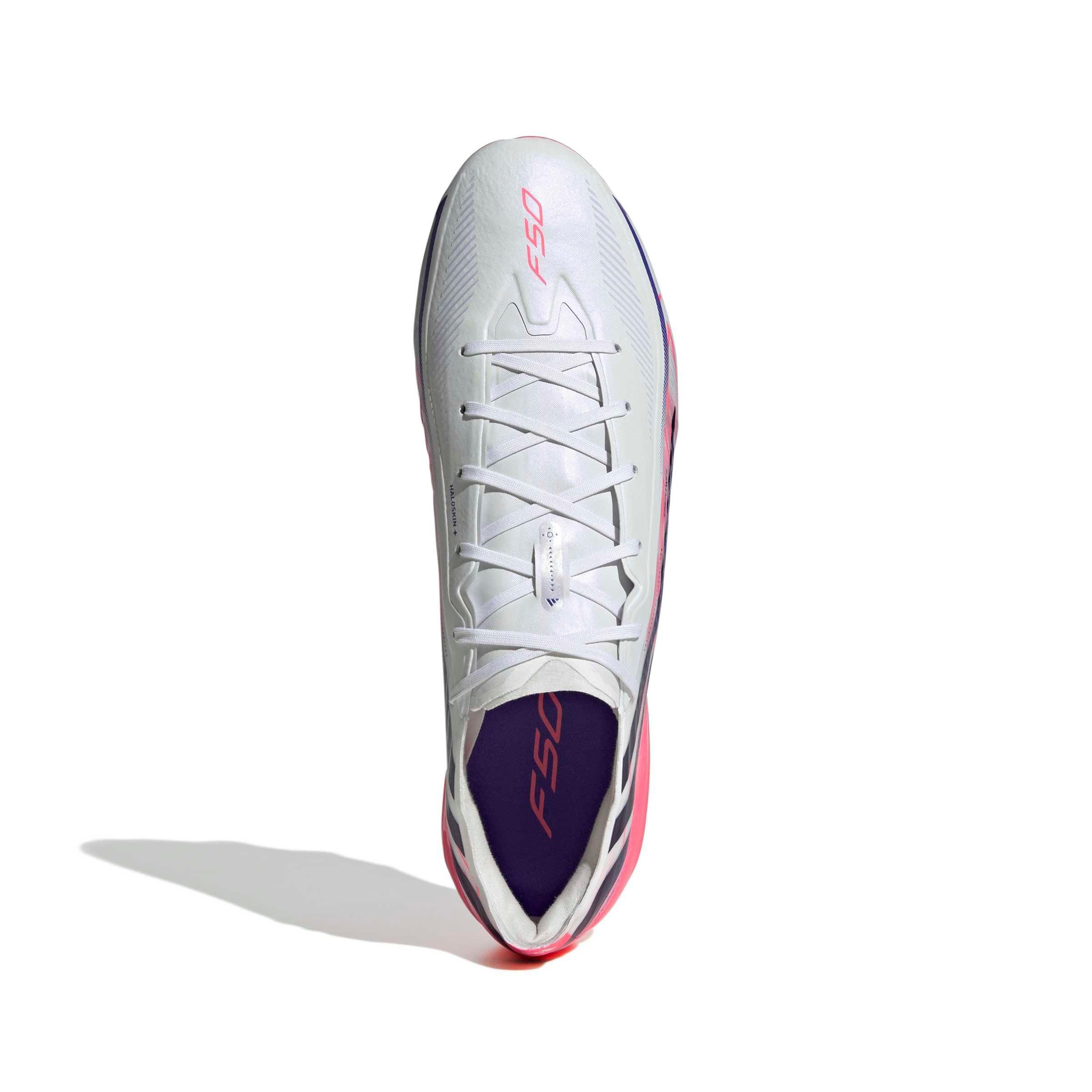 adidas F50 Hyperfast Pro FG "Ftwr White/Solar Purple/Solar Turbo" Men's Soccer Cleat - WHITE/PURPLE/SOLAR