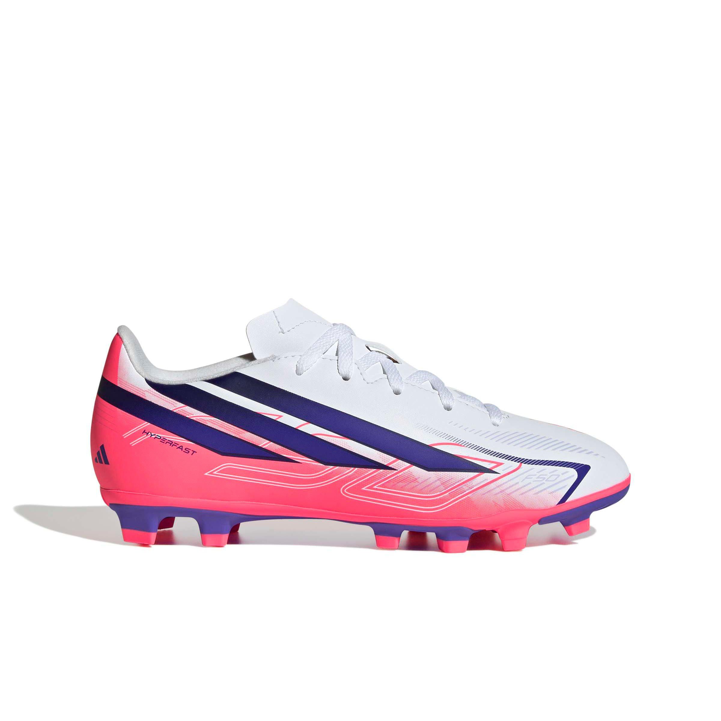 adidas F50 Hyperfast Club MG "Ftwr White/Solar Purple/Solar Turbo" Grade School Kids' Soccer Cleat - WHITE/PURPLE/SOLAR