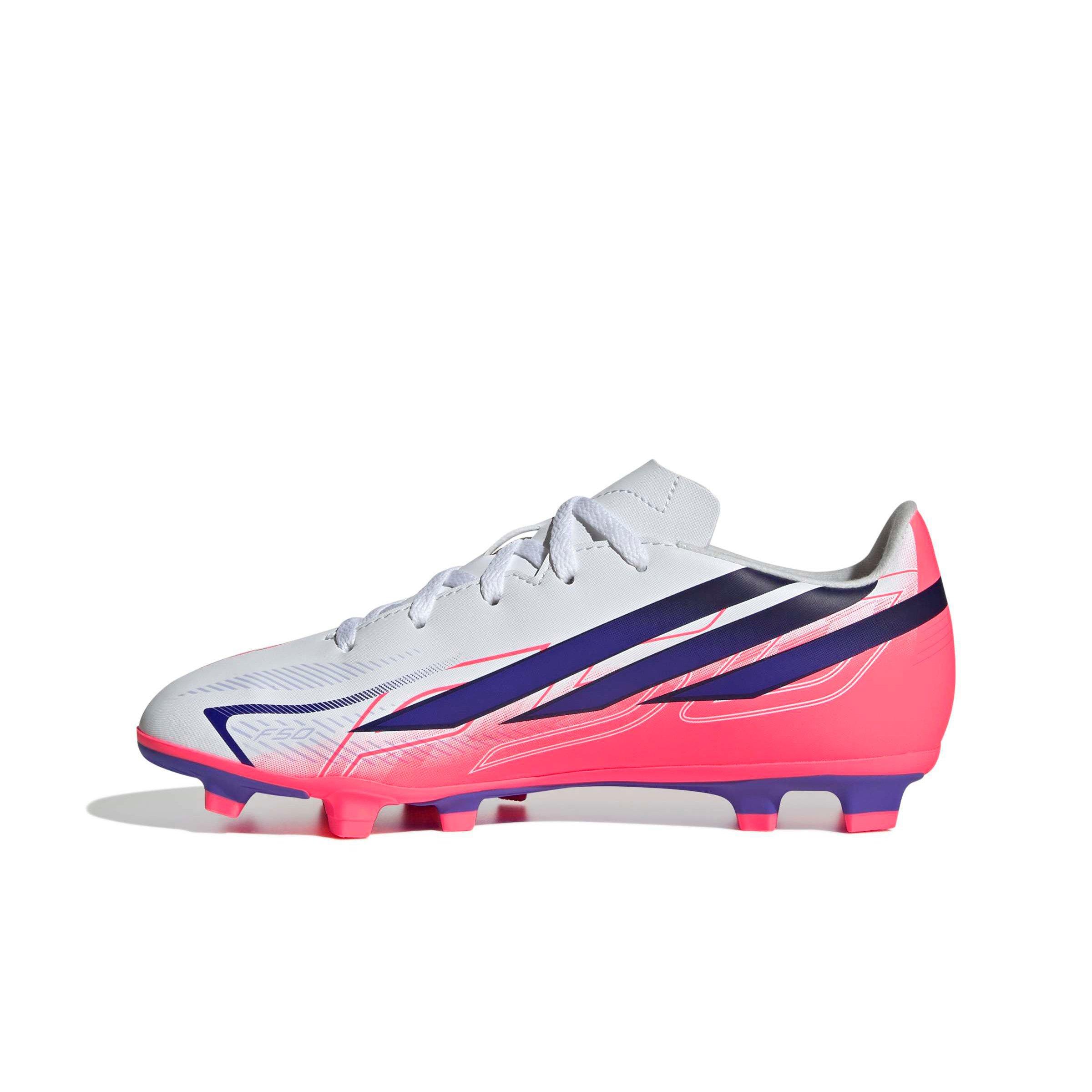 adidas F50 Hyperfast Club MG "Ftwr White/Solar Purple/Solar Turbo" Grade School Kids' Soccer Cleat - WHITE/PURPLE/SOLAR