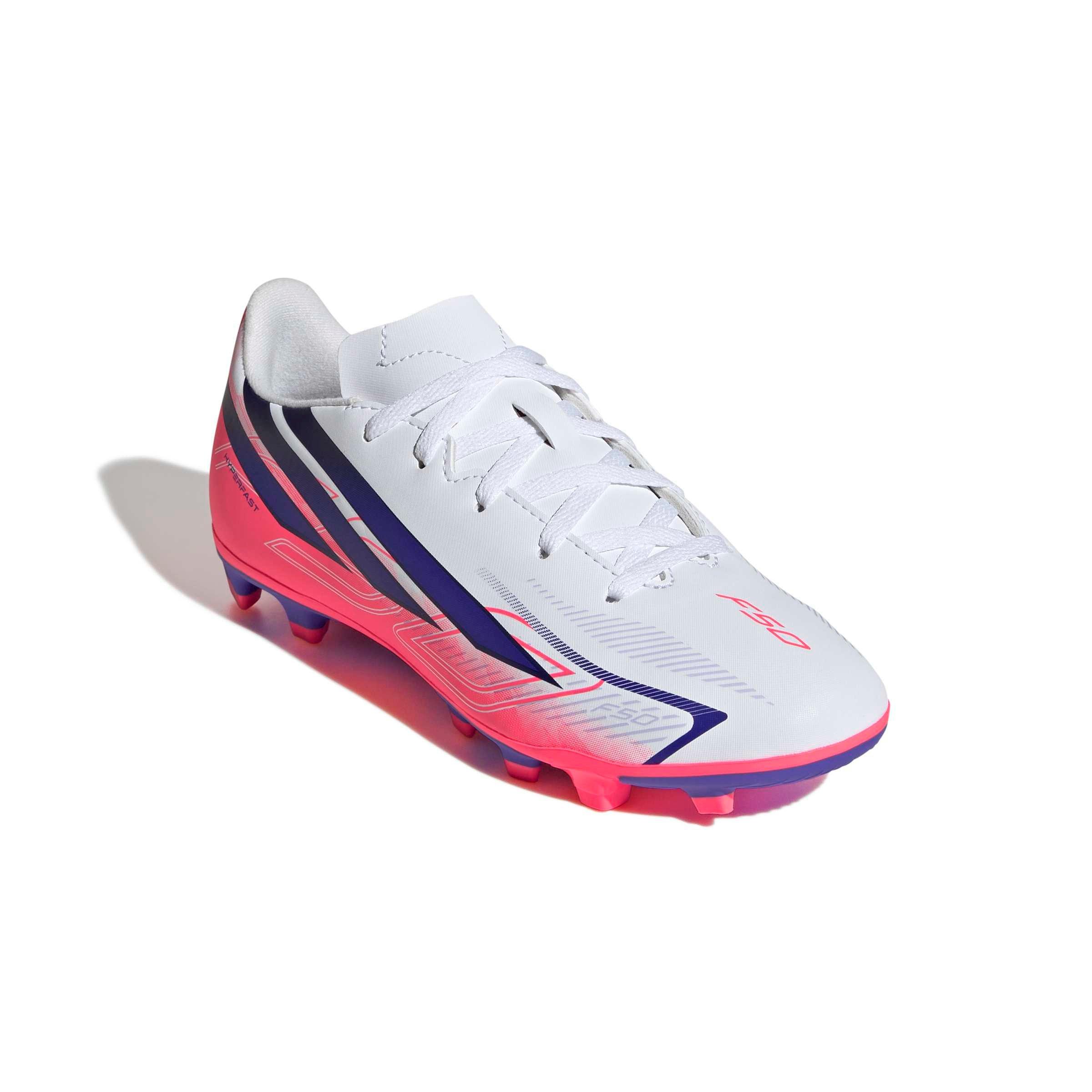 adidas F50 Hyperfast Club MG "Ftwr White/Solar Purple/Solar Turbo" Grade School Kids' Soccer Cleat - WHITE/PURPLE/SOLAR