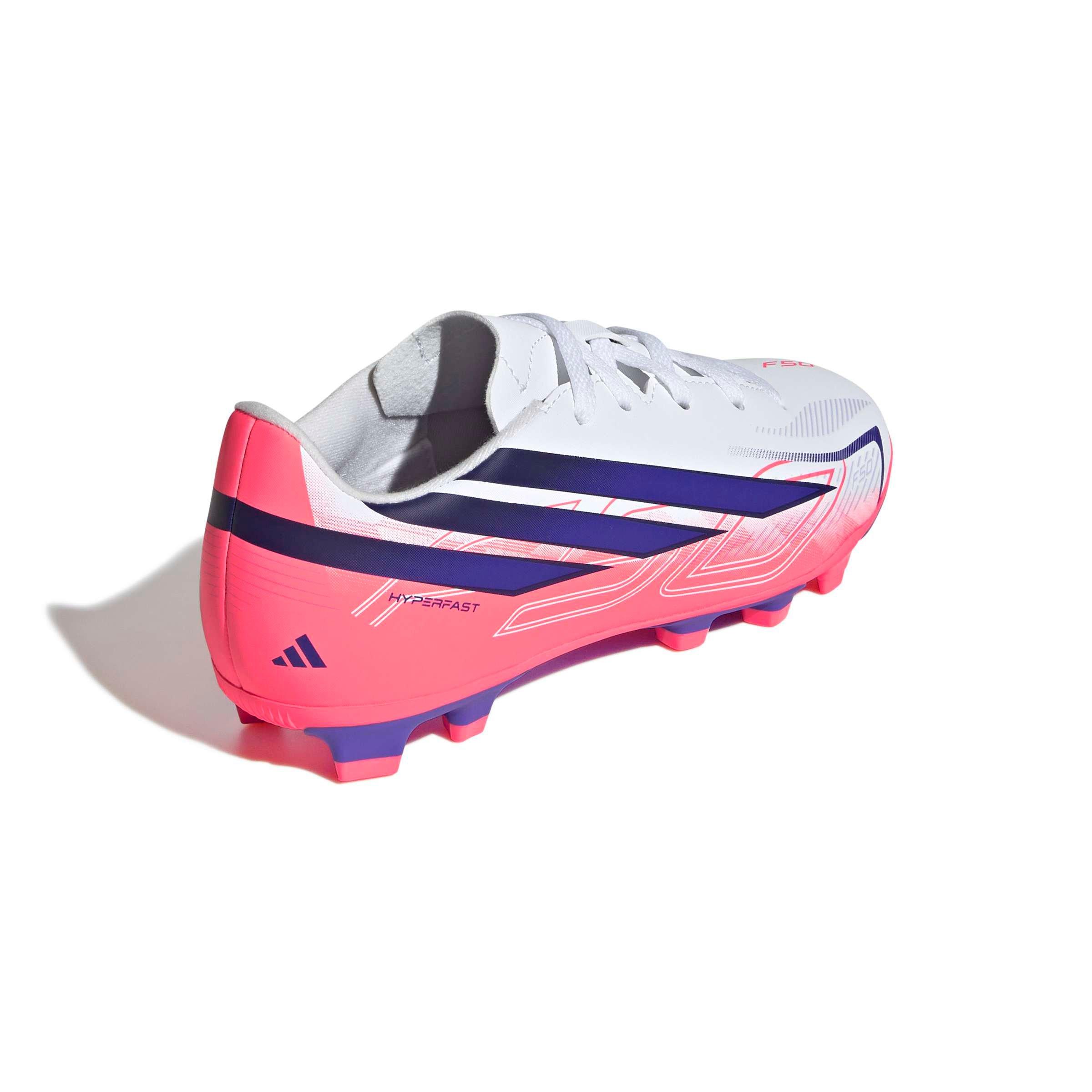 adidas F50 Hyperfast Club MG "Ftwr White/Solar Purple/Solar Turbo" Grade School Kids' Soccer Cleat - WHITE/PURPLE/SOLAR