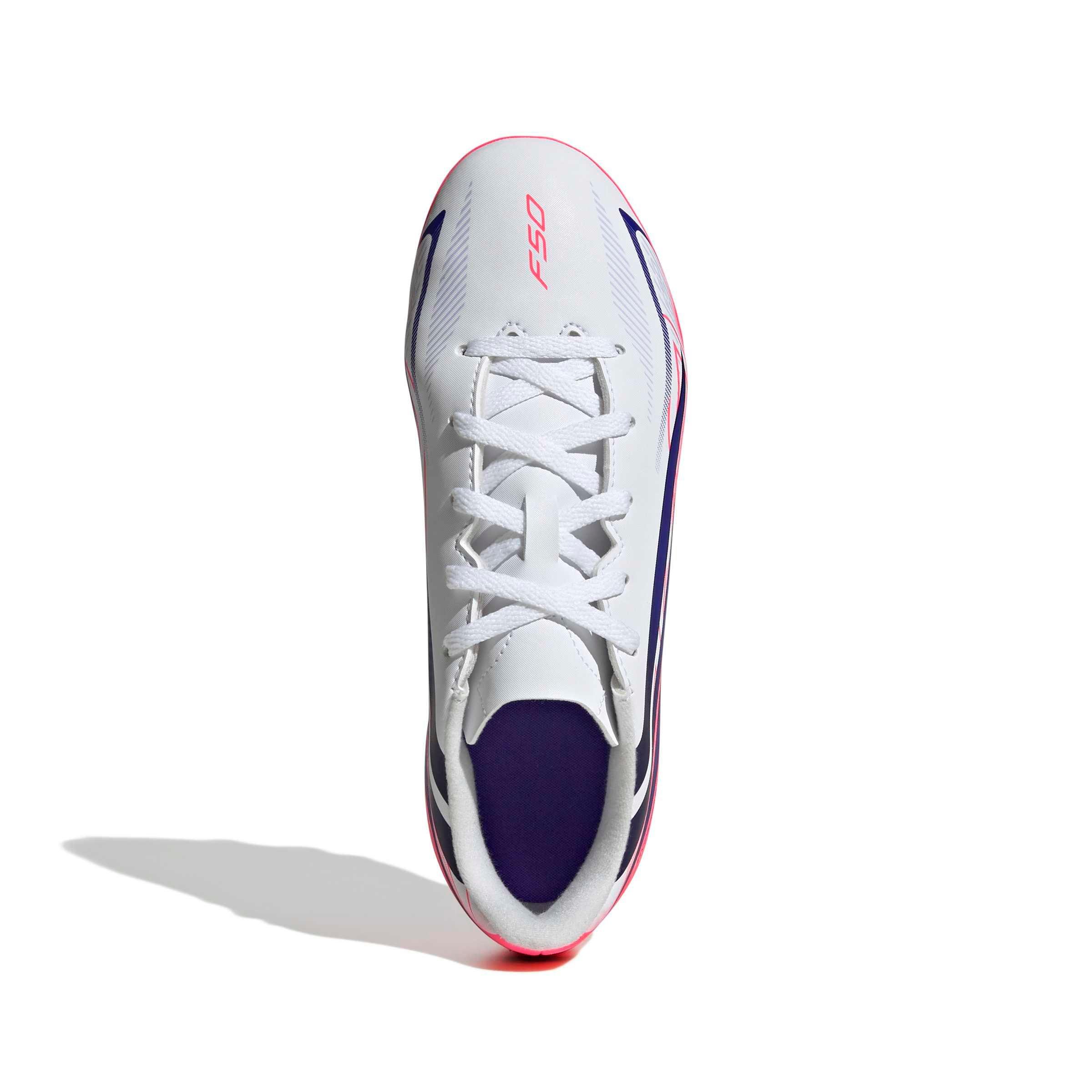 adidas F50 Hyperfast Club MG "Ftwr White/Solar Purple/Solar Turbo" Grade School Kids' Soccer Cleat - WHITE/PURPLE/SOLAR