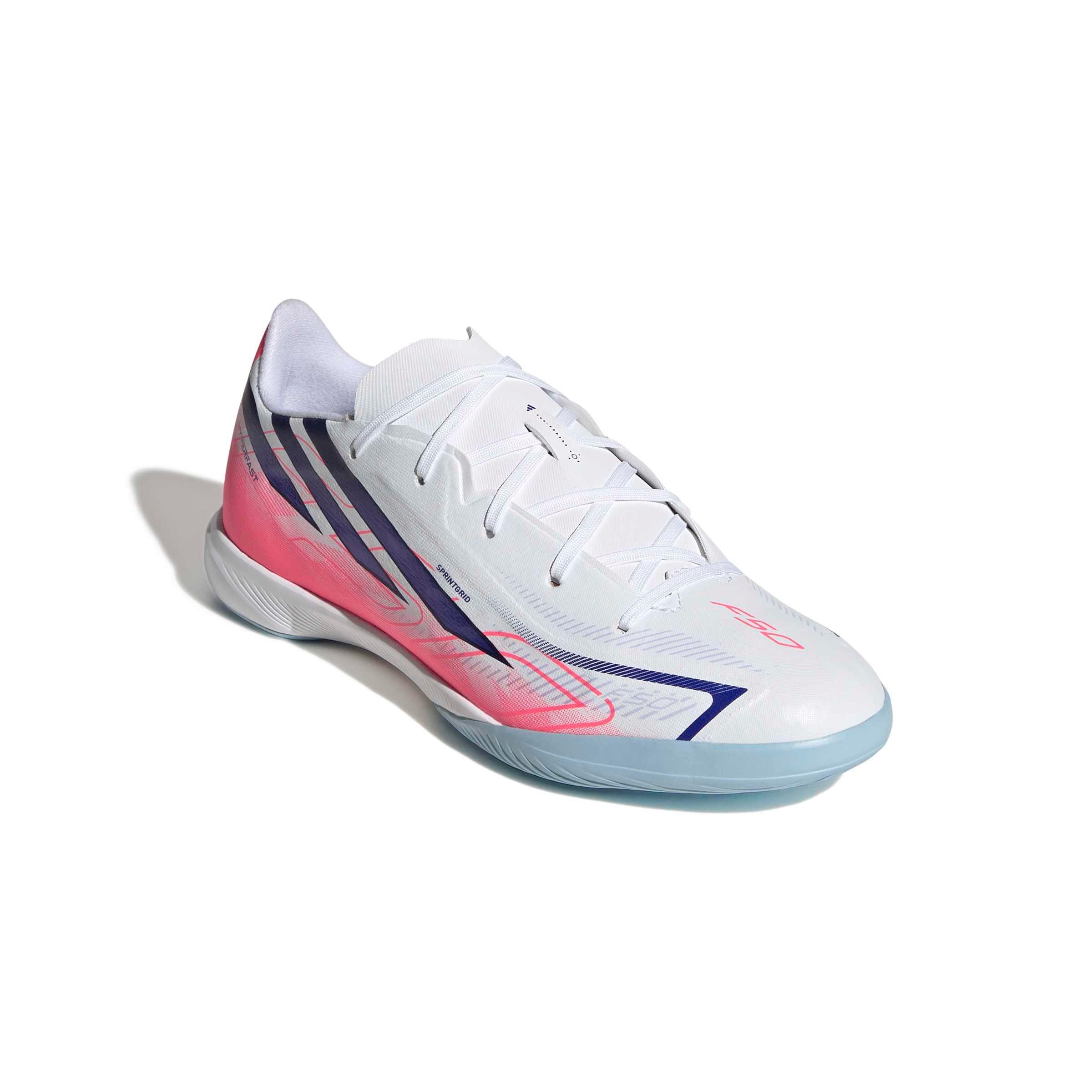 adidas F50 Hyperfast League IC "Ftwr White/Solar Purple/Solar Turbo" Grade School Kids' Soccer Shoe - WHITE/PURPLE/SOLAR