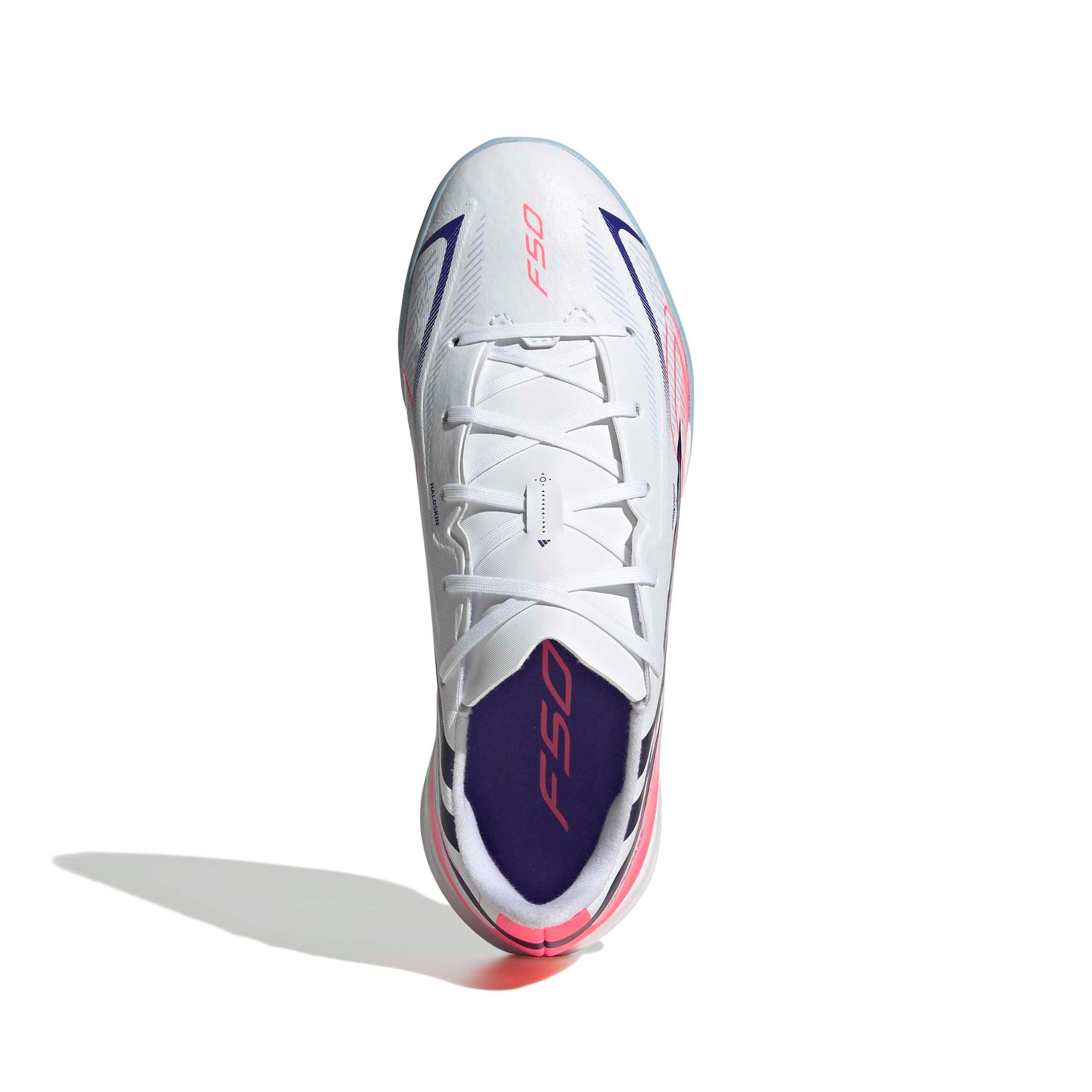 adidas F50 Hyperfast League IC "Ftwr White/Solar Purple/Solar Turbo" Grade School Kids' Soccer Shoe - WHITE/PURPLE/SOLAR