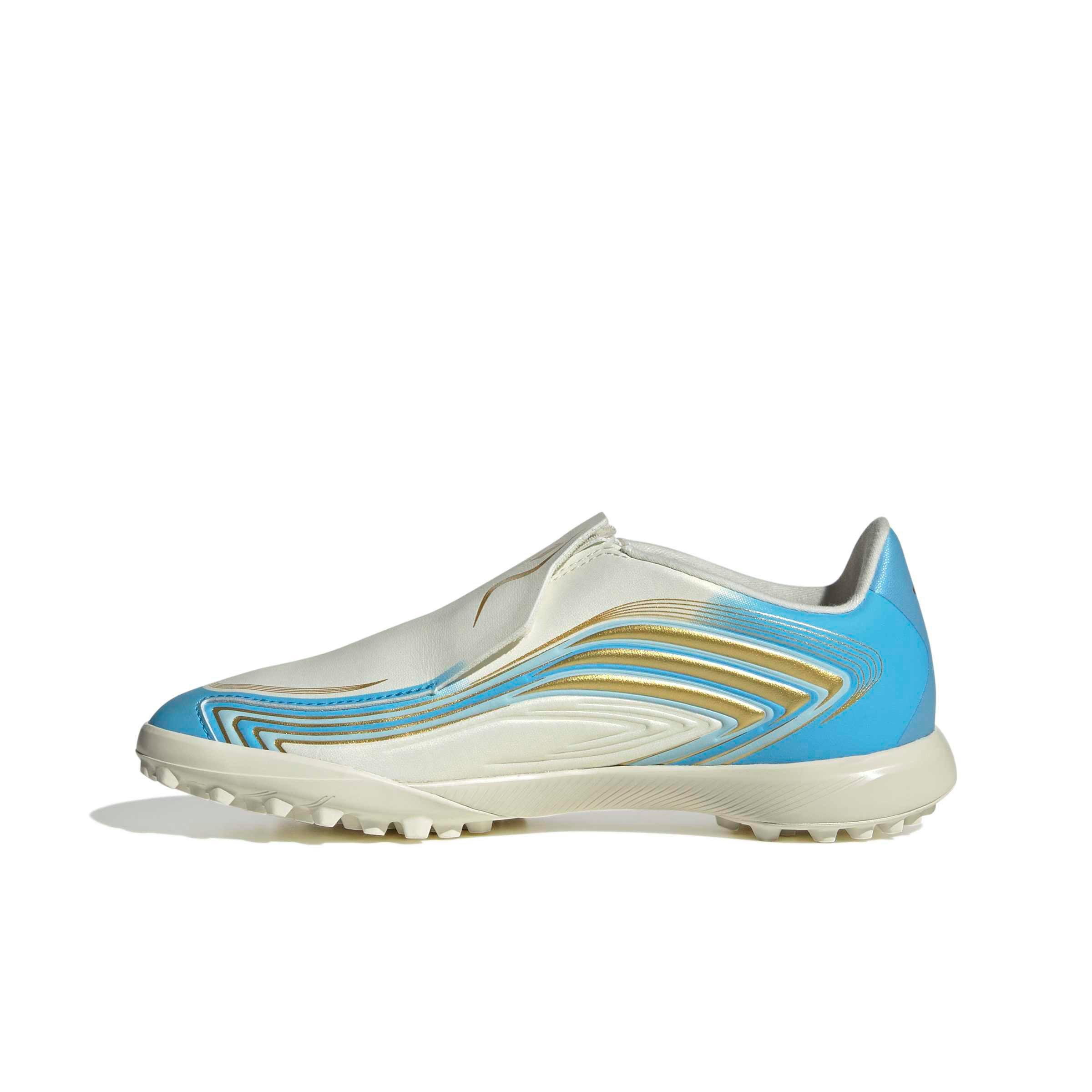 adidas F50 Messi League Laceless Turf "Ivory/Semi Blue/Icey Blue" Grade School Kids' Soccer Shoe - IVORY/BLUE/BLUE