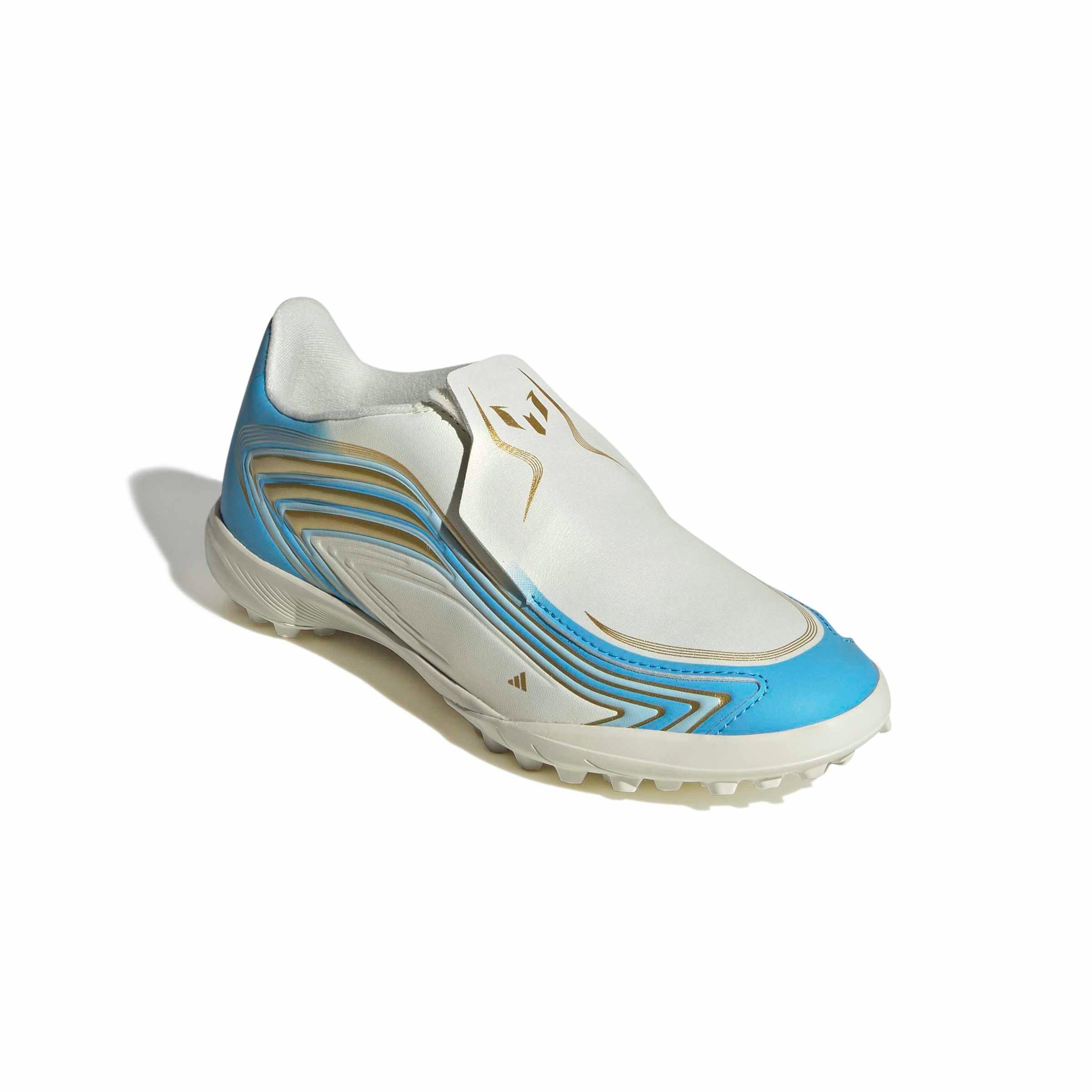 adidas F50 Messi League Laceless Turf "Ivory/Semi Blue/Icey Blue" Grade School Kids' Soccer Shoe - IVORY/BLUE/BLUE