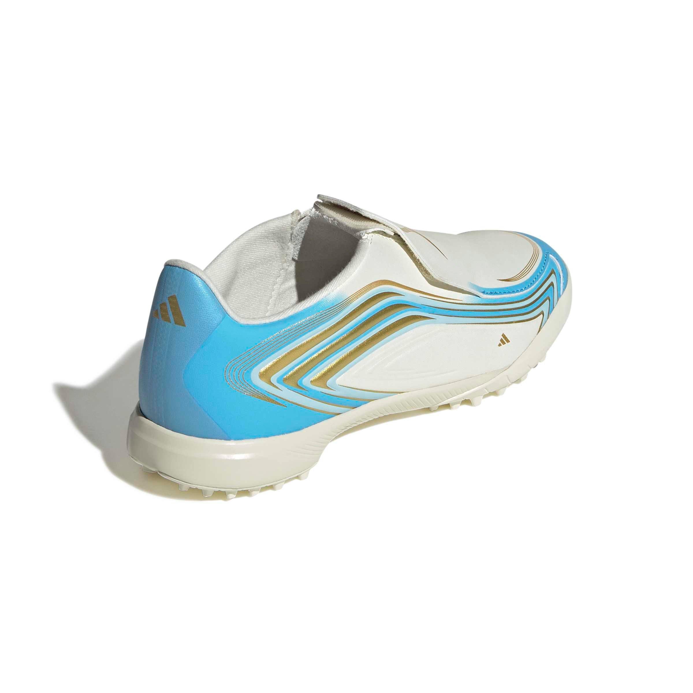 adidas F50 Messi League Laceless Turf "Ivory/Semi Blue/Icey Blue" Grade School Kids' Soccer Shoe - IVORY/BLUE/BLUE