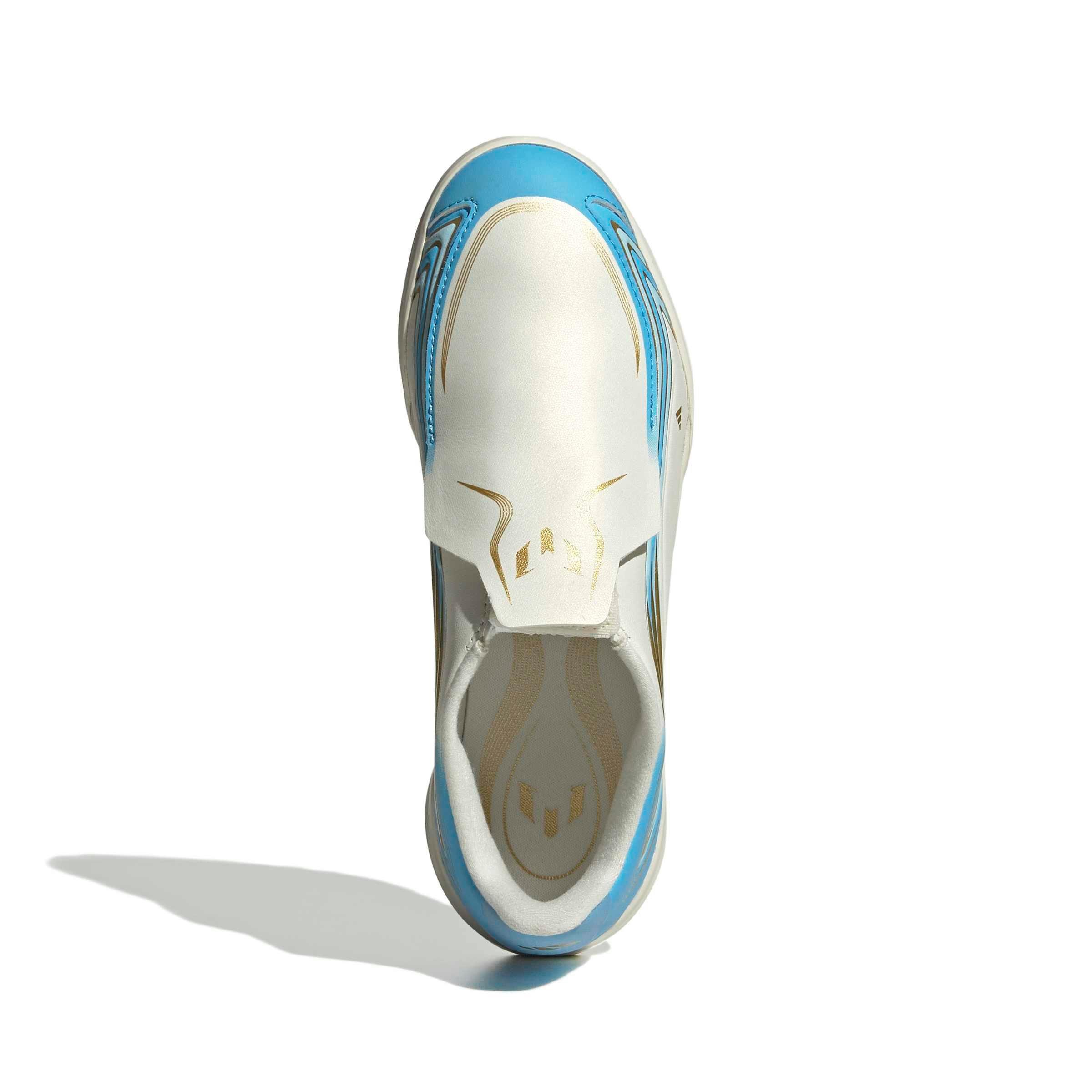 adidas F50 Messi League Laceless Turf "Ivory/Semi Blue/Icey Blue" Grade School Kids' Soccer Shoe - IVORY/BLUE/BLUE