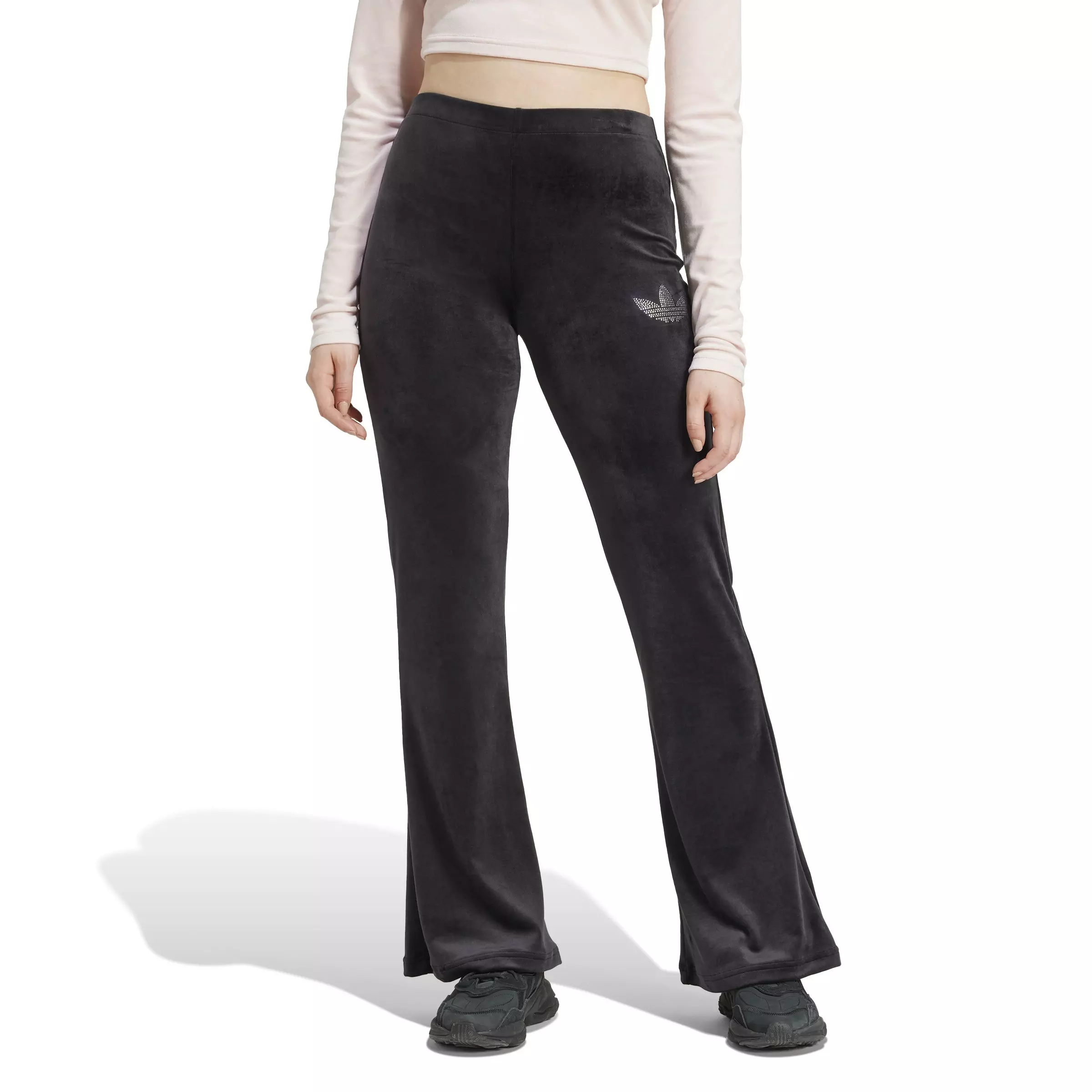 adidas Originals Women's Velvet Joggers with Rhinestone Trefoil - Black - BLACK