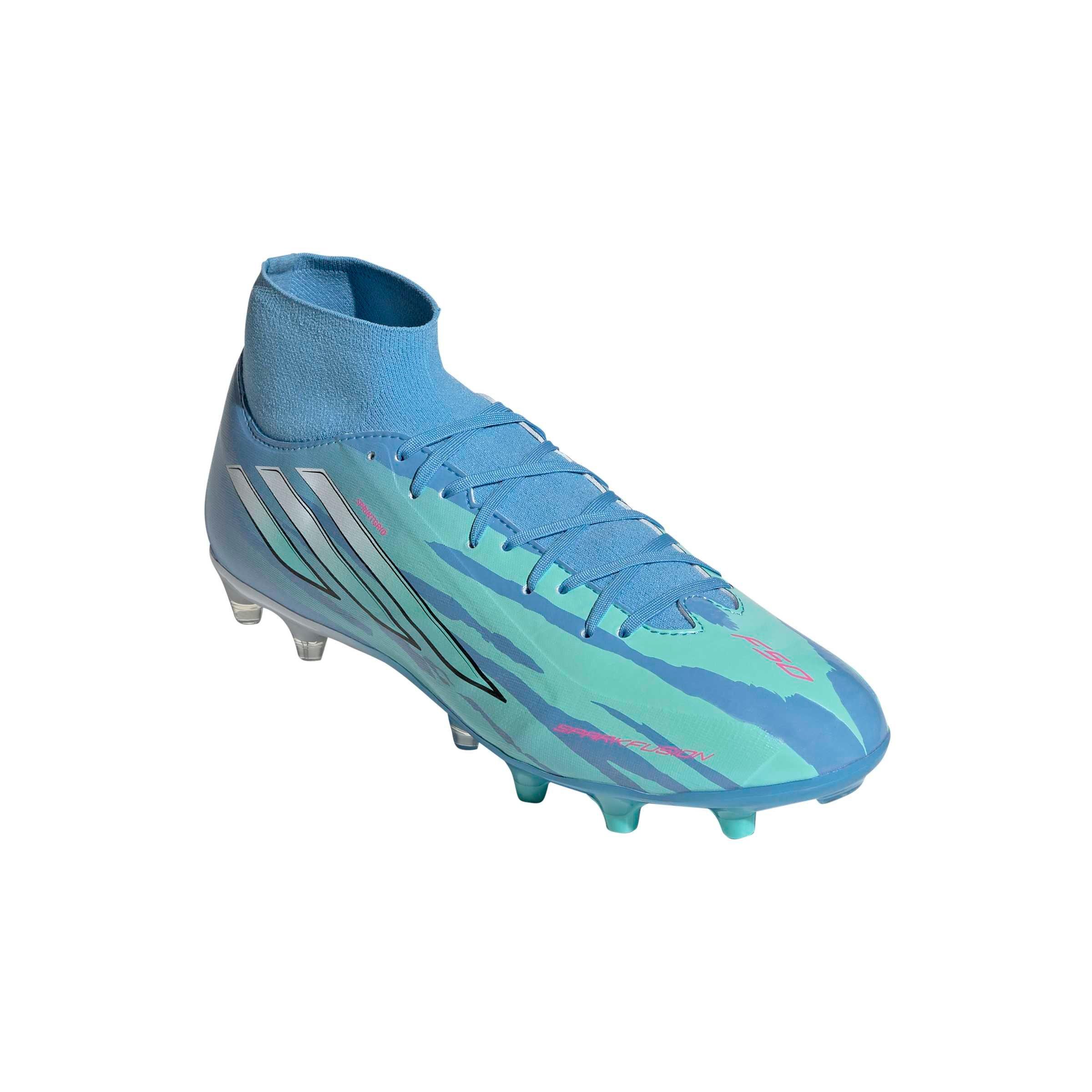 adidas F50 Sparkfusion League Mid Cut MG "Semi Blue Burst/White/Lucid Pink" Women's Soccer Cleat - BLUE/WHITE/PINK