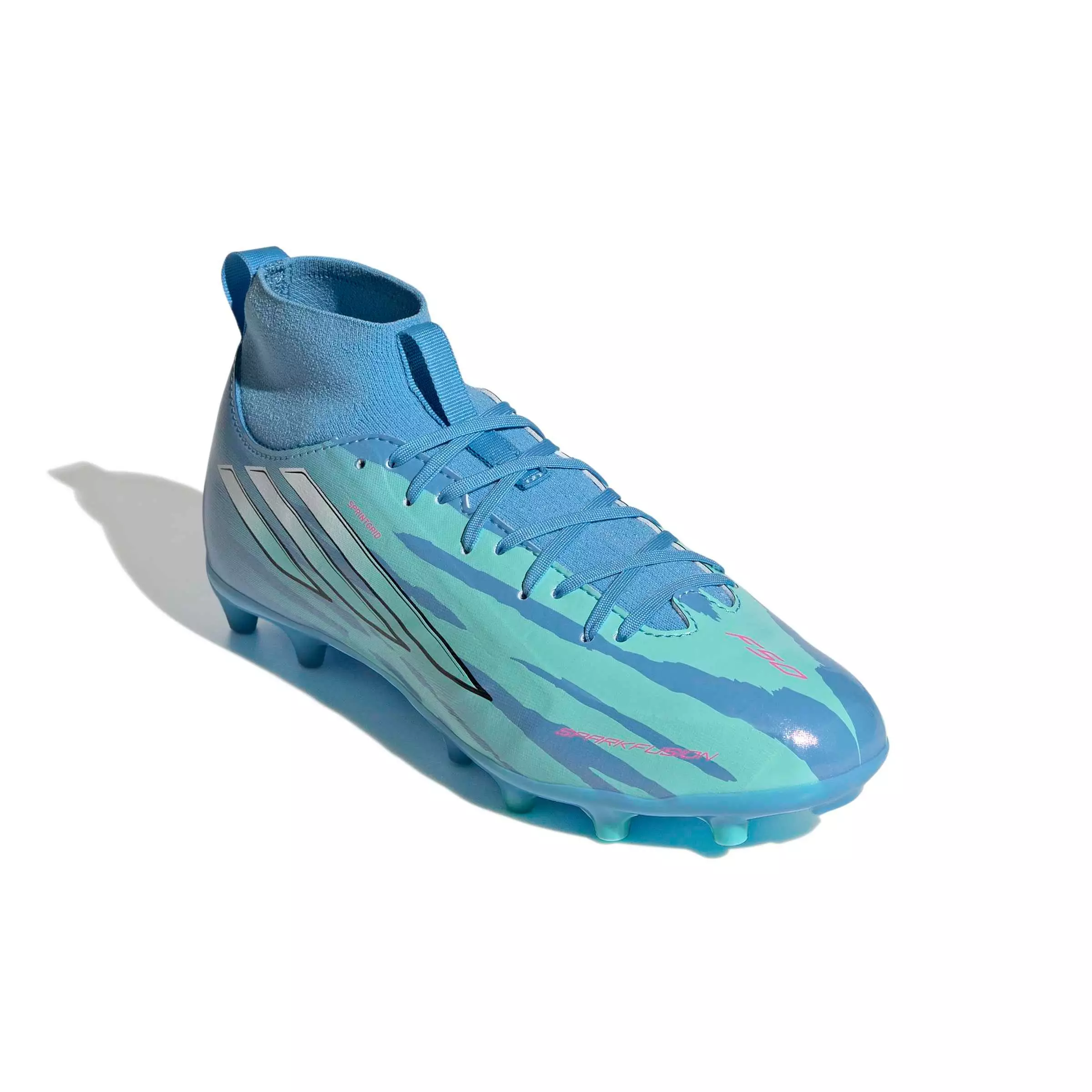 adidas F50 Sparkfusion League Mid Cut MG "Semi Blue/White/Pink" Grade School Kids' Soccer Cleat - BLUE/WHITE/PINK