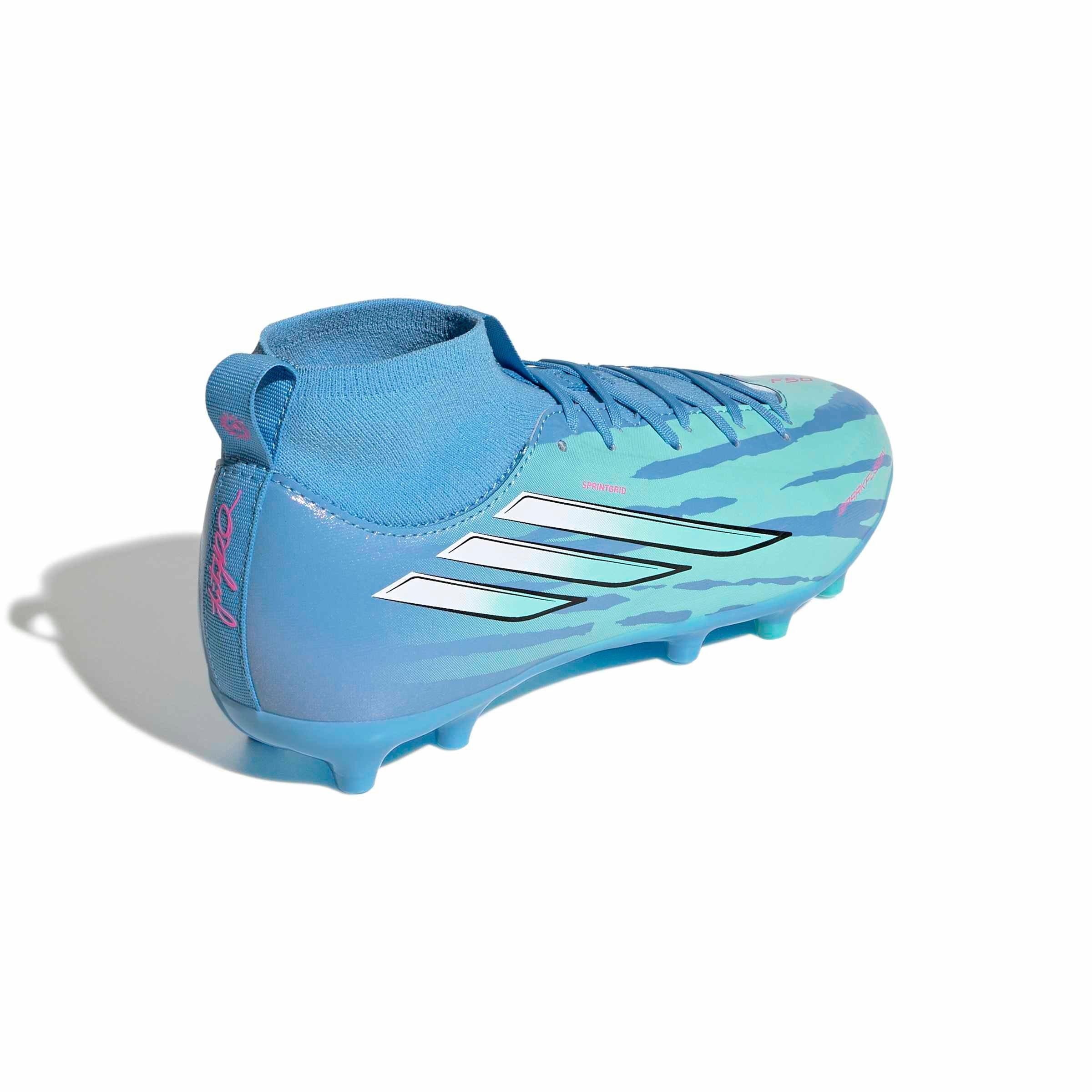 adidas F50 Sparkfusion League Mid Cut MG "Semi Blue/White/Pink" Grade School Kids' Soccer Cleat - BLUE/WHITE/PINK