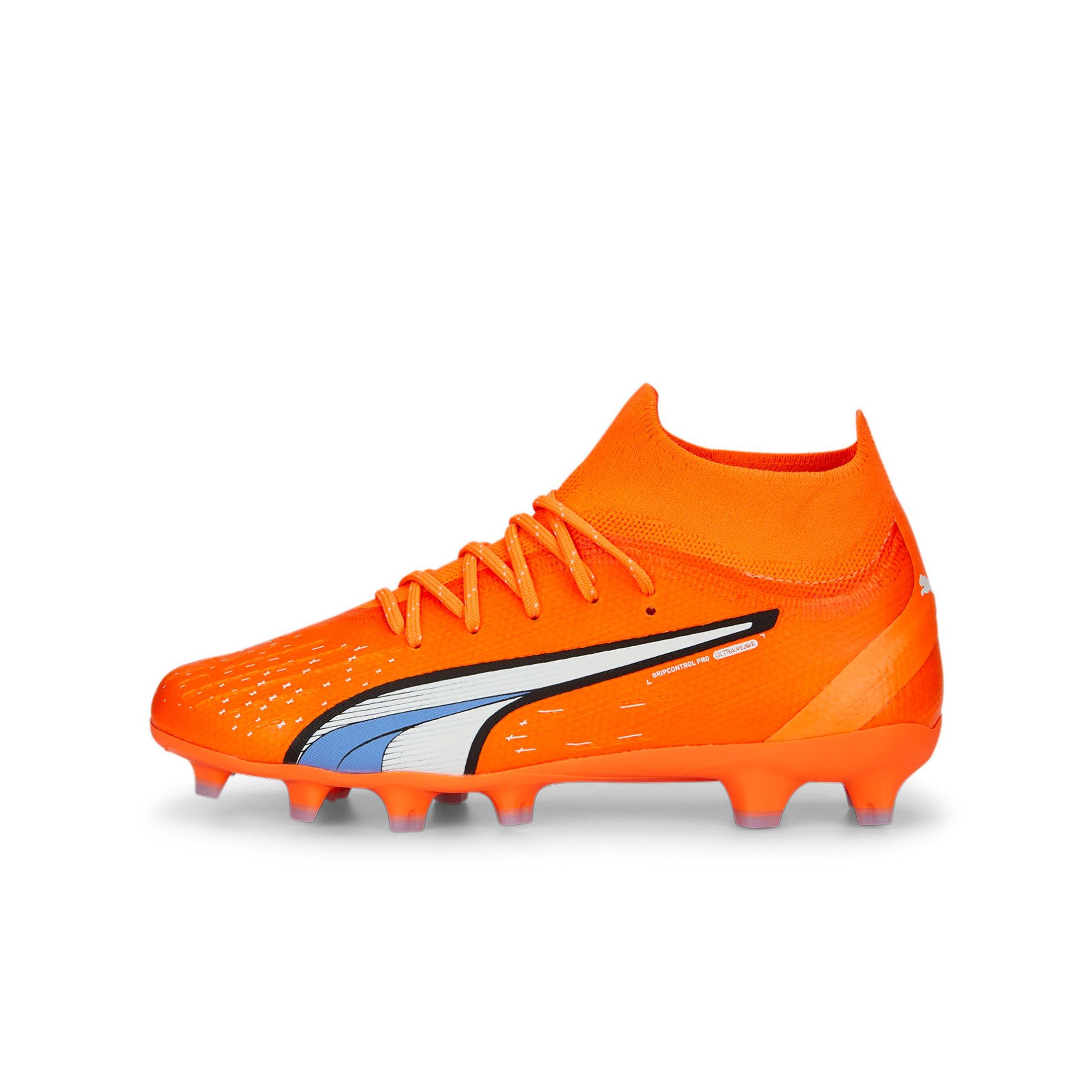 PUMA ULTRA Pro FG/AG Grade School Kids' "Ultra Orange/PUMA White/Blue Glimmer" Soccer Cleat