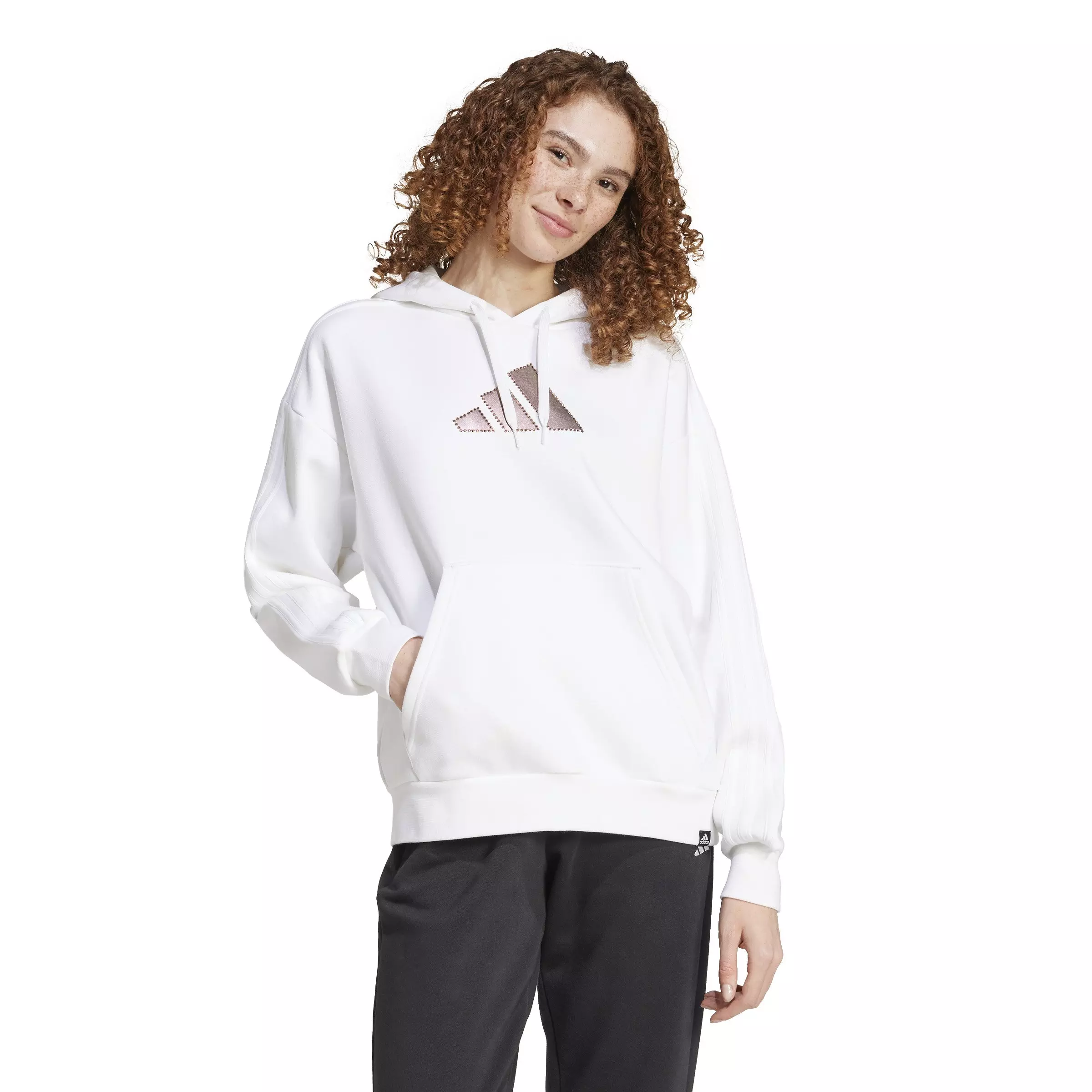 adidas Women's Holiday Graphic 3-Stripes Oversized Hoodie-White - WHITE