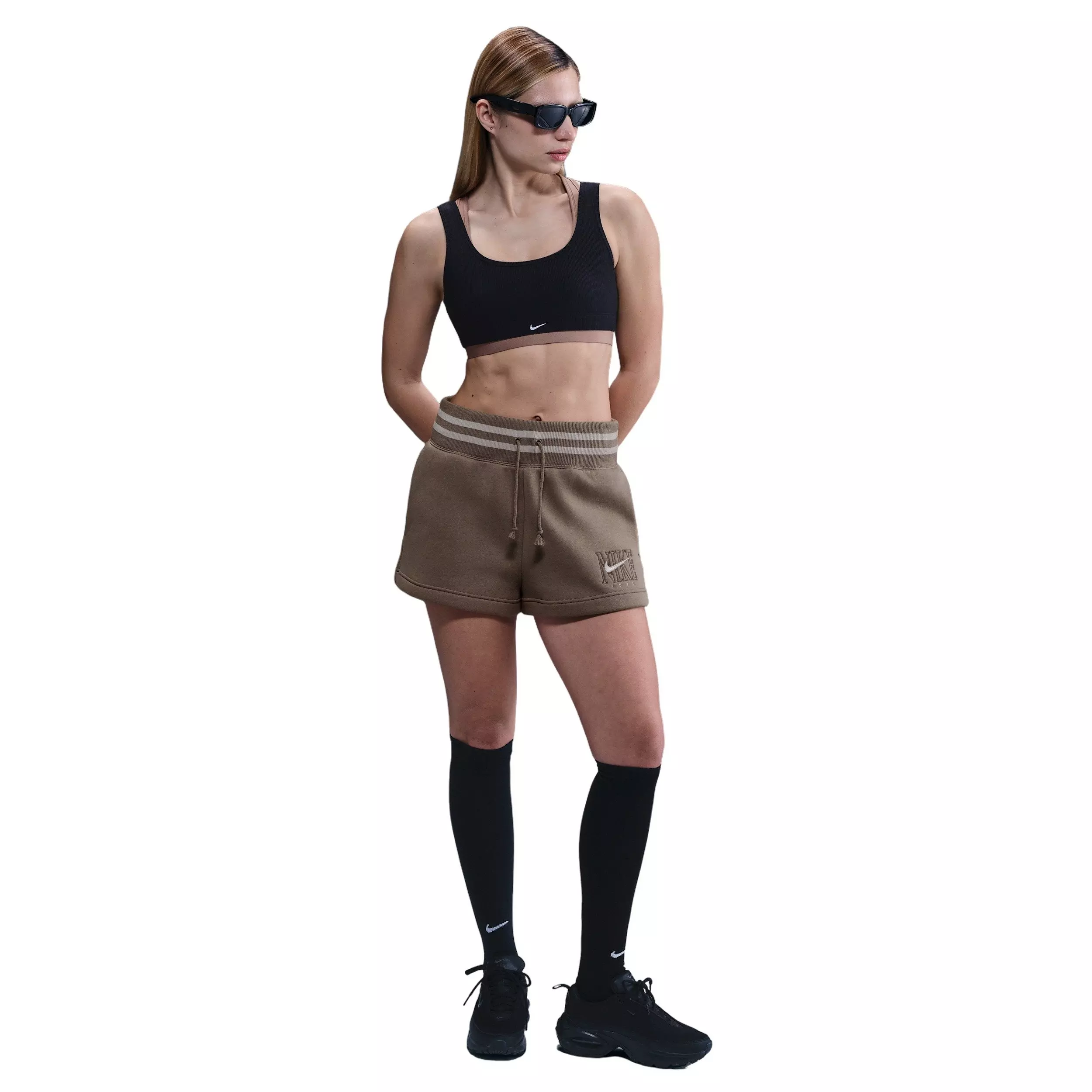 Nike Women's Sportswear Phoenix Fleece High-Waisted Loose Graphic Shorts -Brown - BROWN