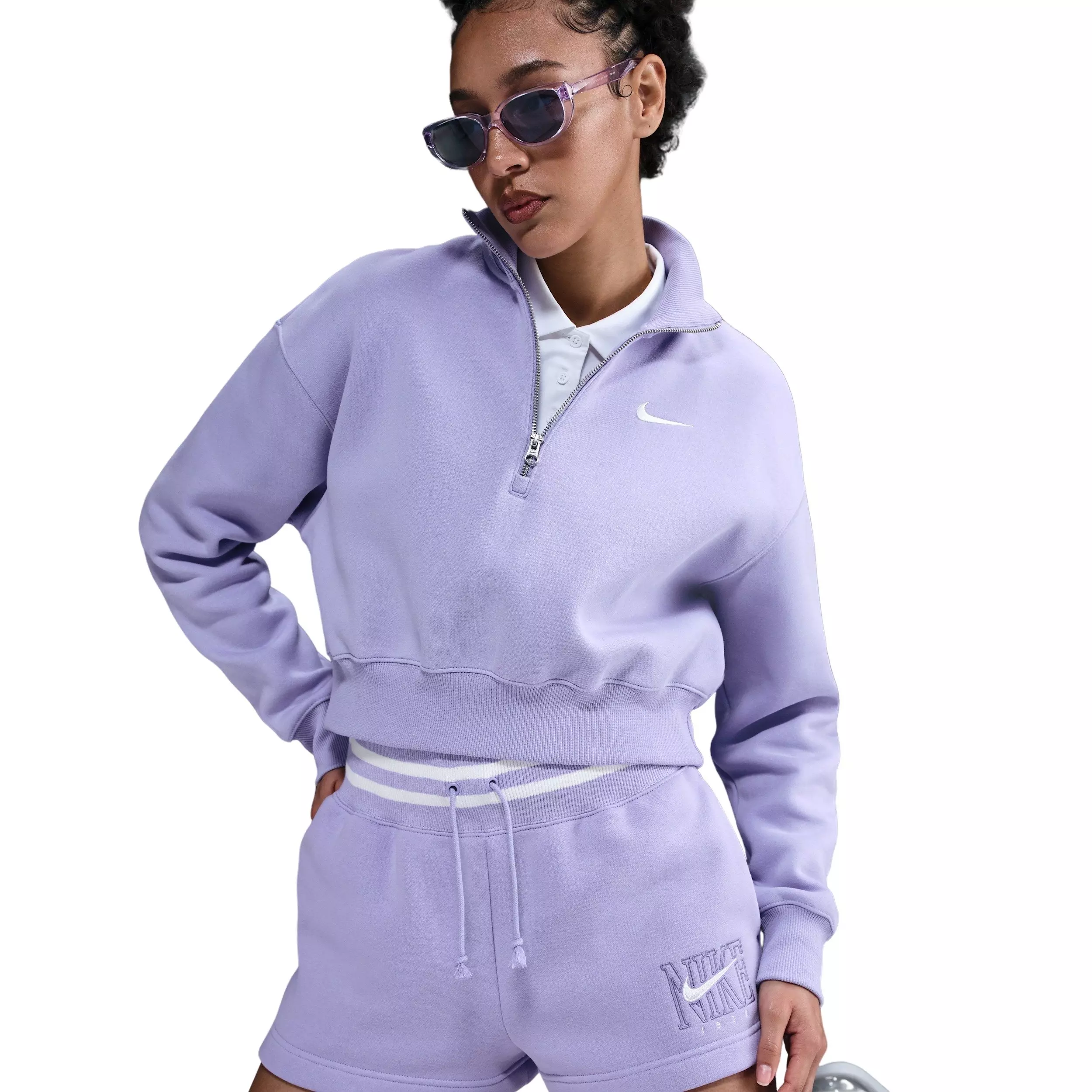 Nike Women's Sportswear Phoenix Fleece High-Waisted Loose Graphic Shorts -Lilac - LILAC