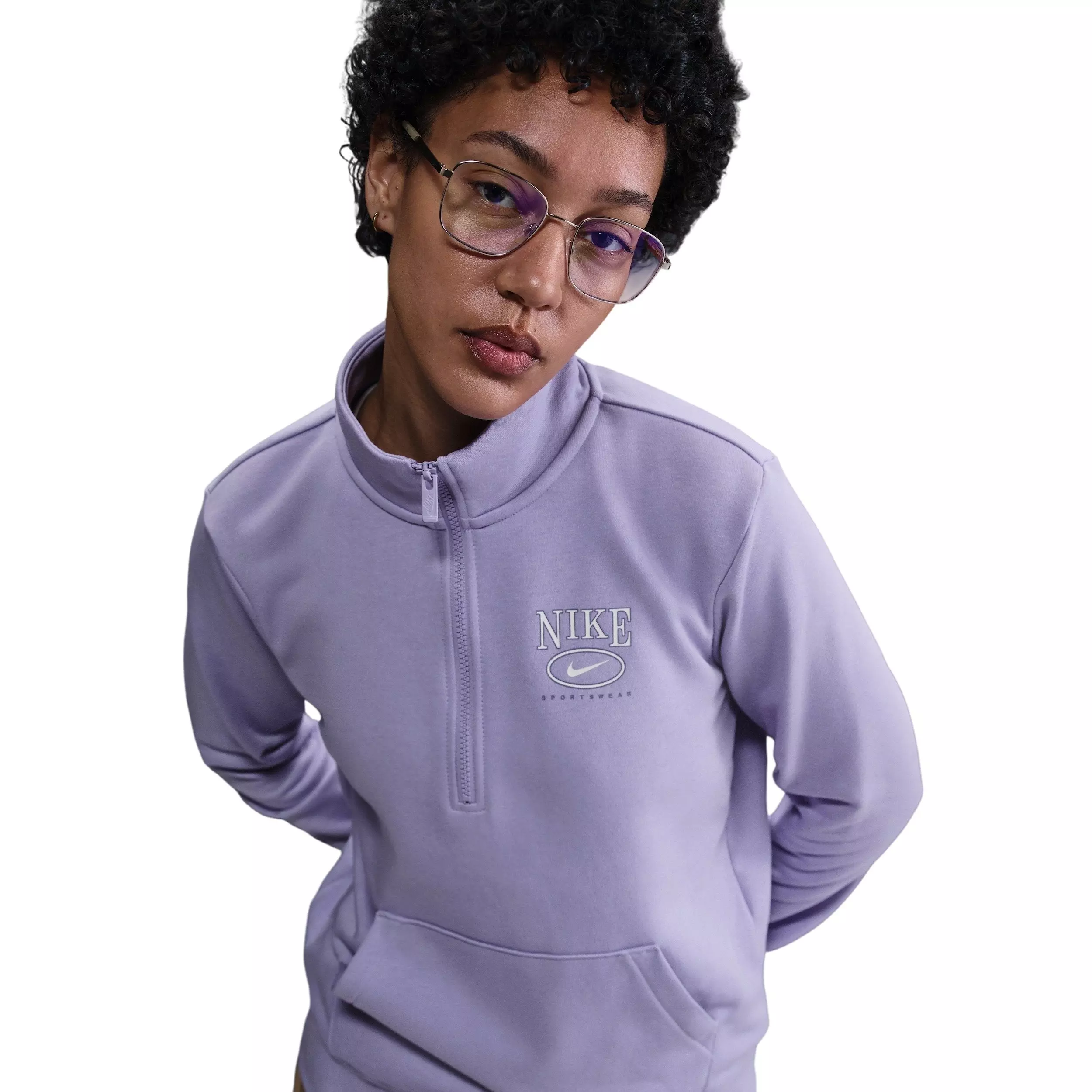 Nike Women's Sportswear Club fleece Mock-Neck 1/2-Zip Graphic Top -Lilac - LILAC