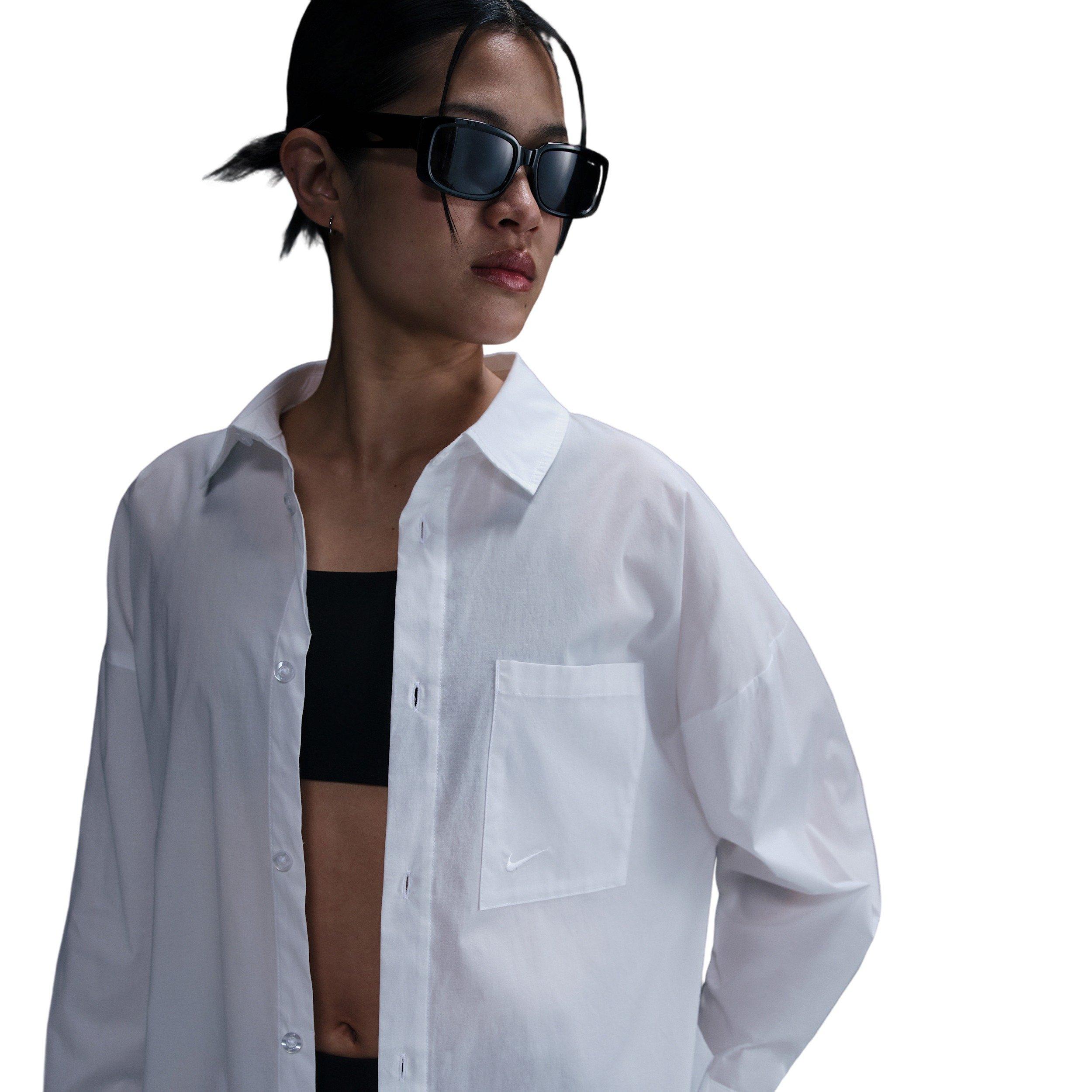 Nike Women's Sportswear Chill Poplin Loose Long-Sleeve Button-Up Top -White - WHITE Thumbnail View 1