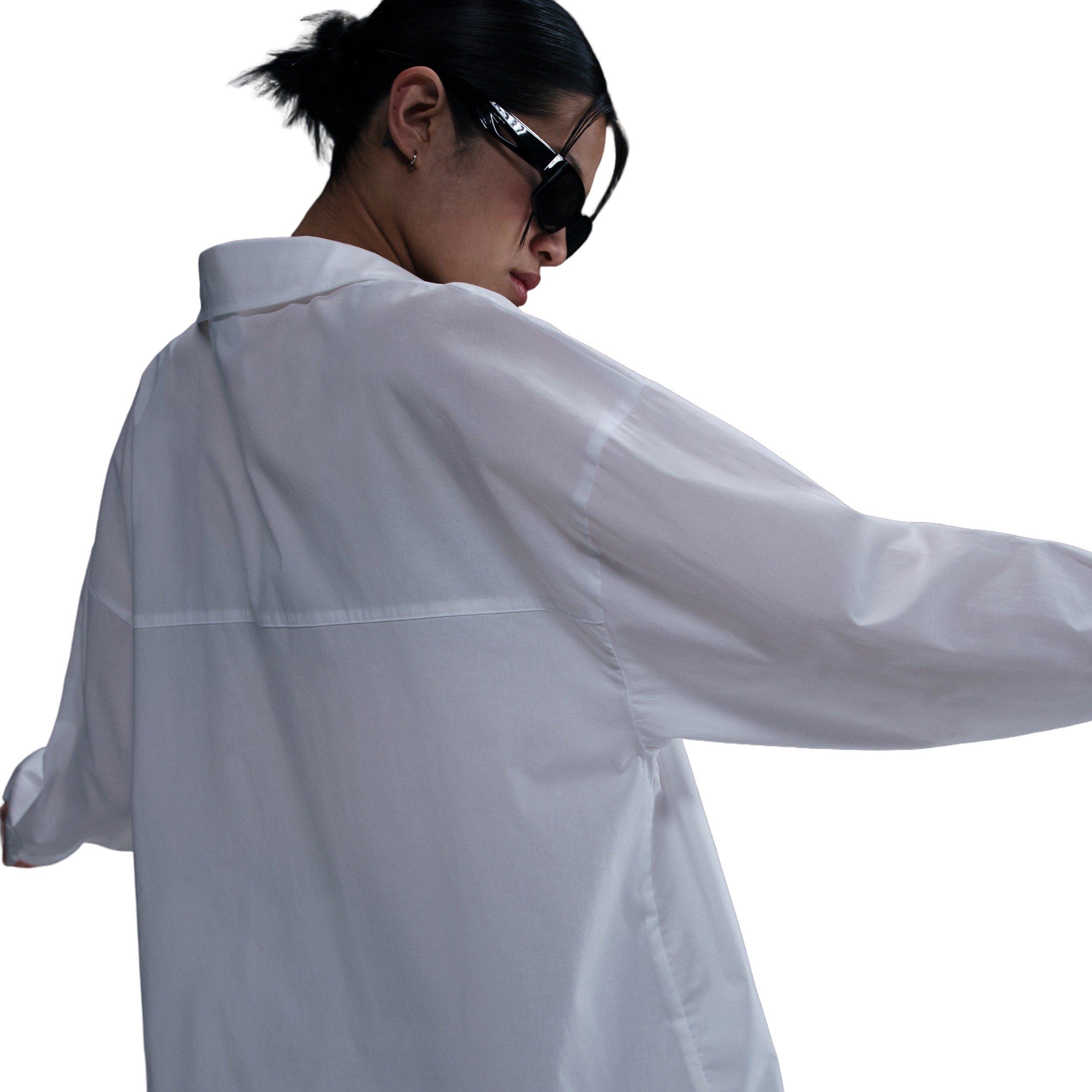 Nike Women's Sportswear Chill Poplin Loose Long-Sleeve Button-Up Top -White - WHITE Thumbnail View 2