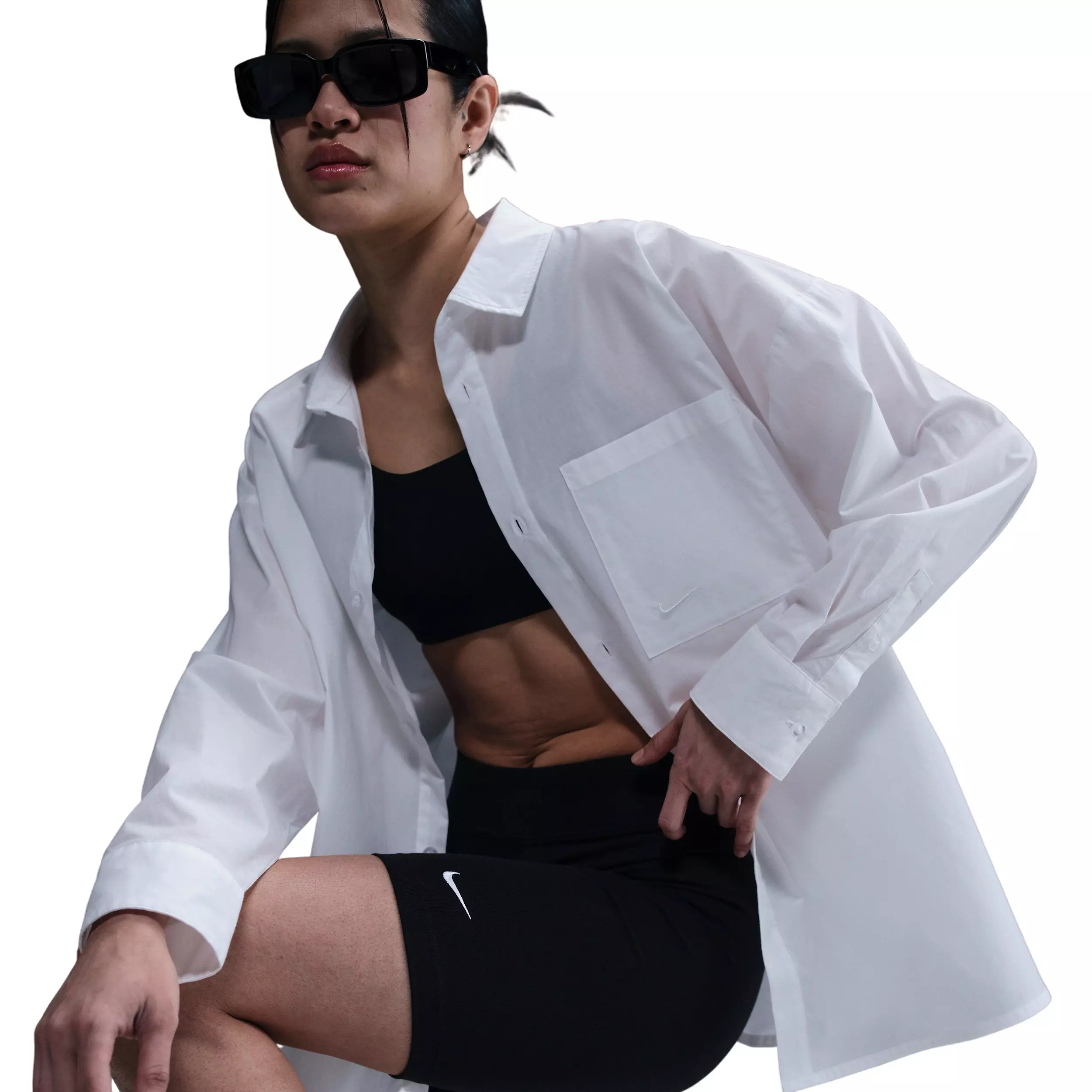 Nike Women's Sportswear Chill Poplin Loose Long-Sleeve Button-Up Top - White - WHITE