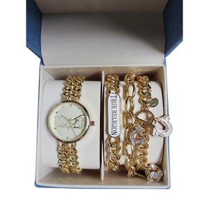 True Religion Women's Double Link Round Logo Watch w/ Bracelet Set -Gold