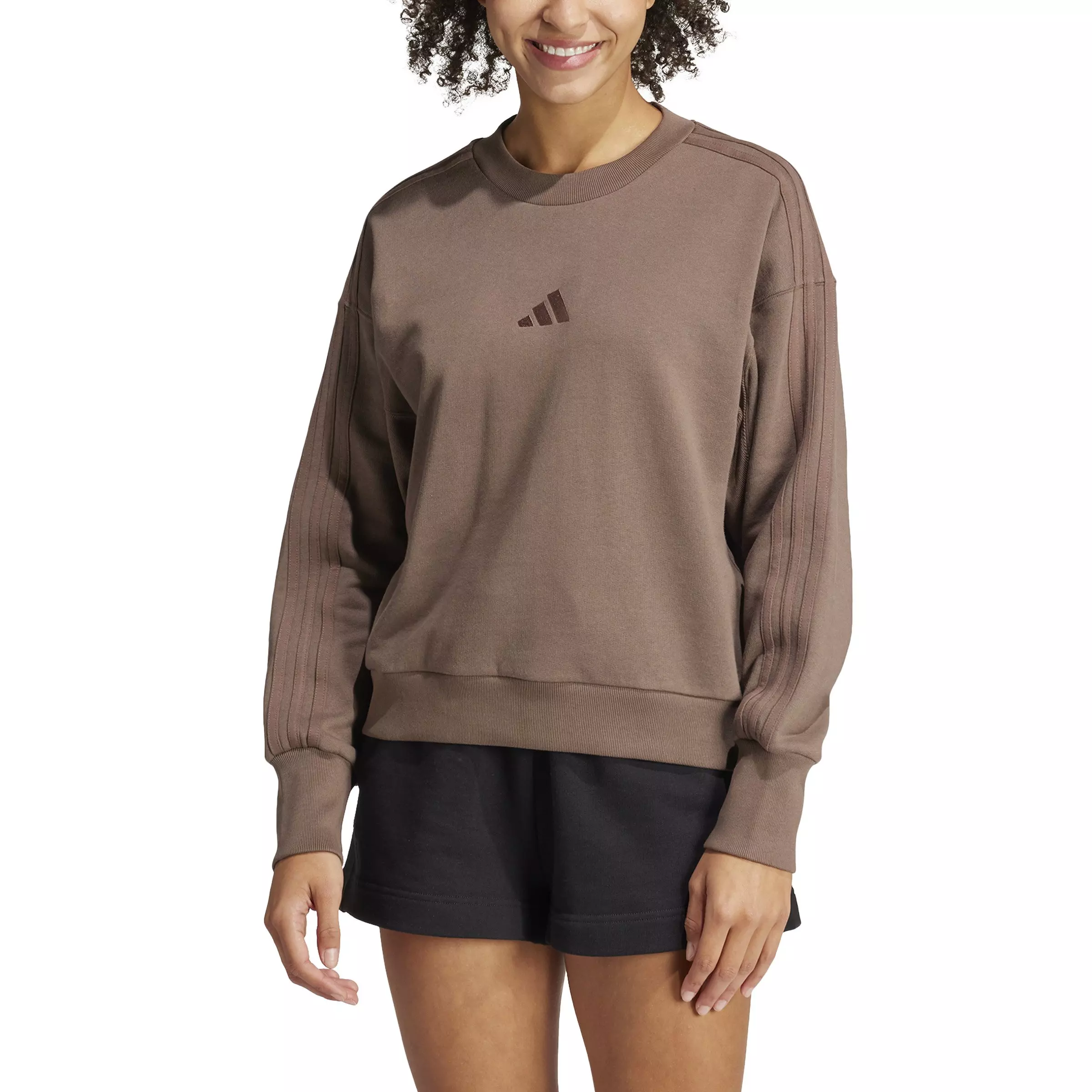 adidas Women's ALL SZN French Terry 3-Stripes Loose Sweatshirt - Brown - BROWN