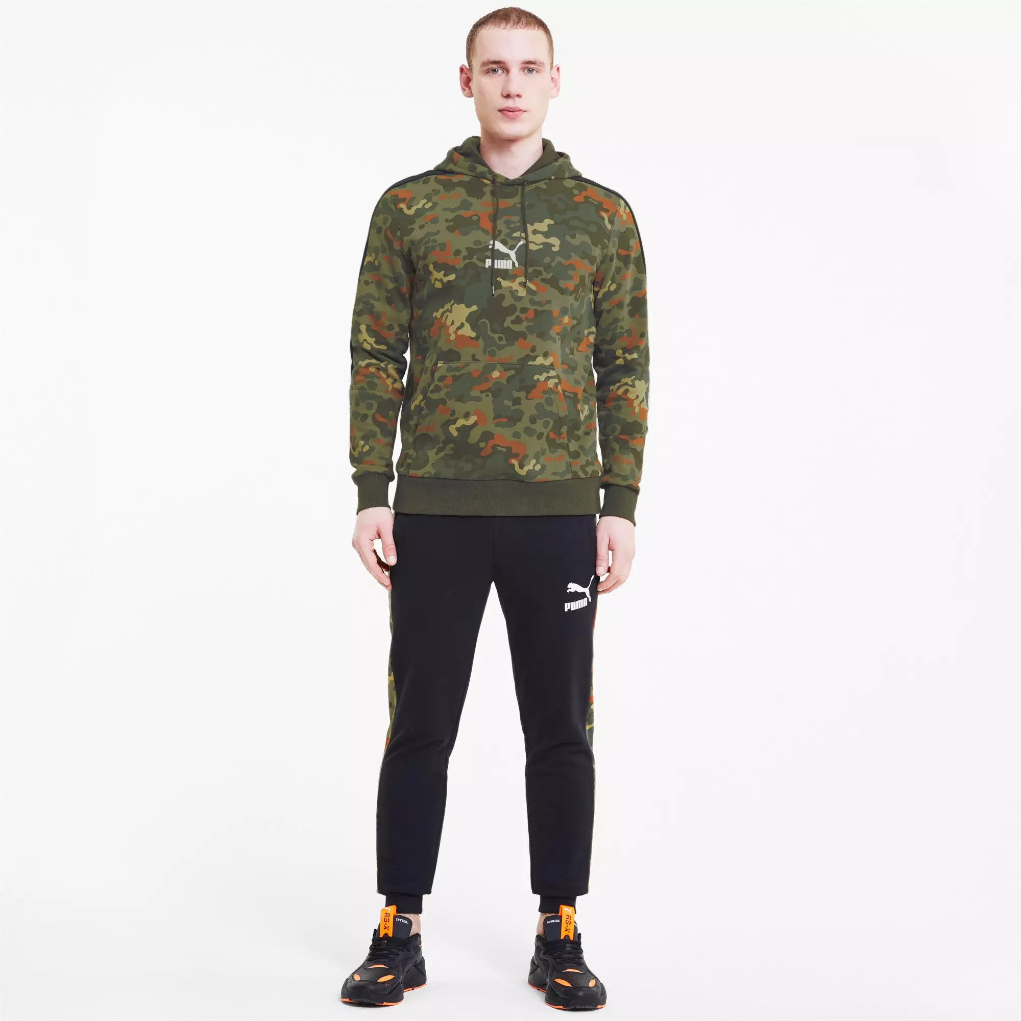 PUMA Men's Classics Graphics All Over Print Logo Hoodie - DK GREEN