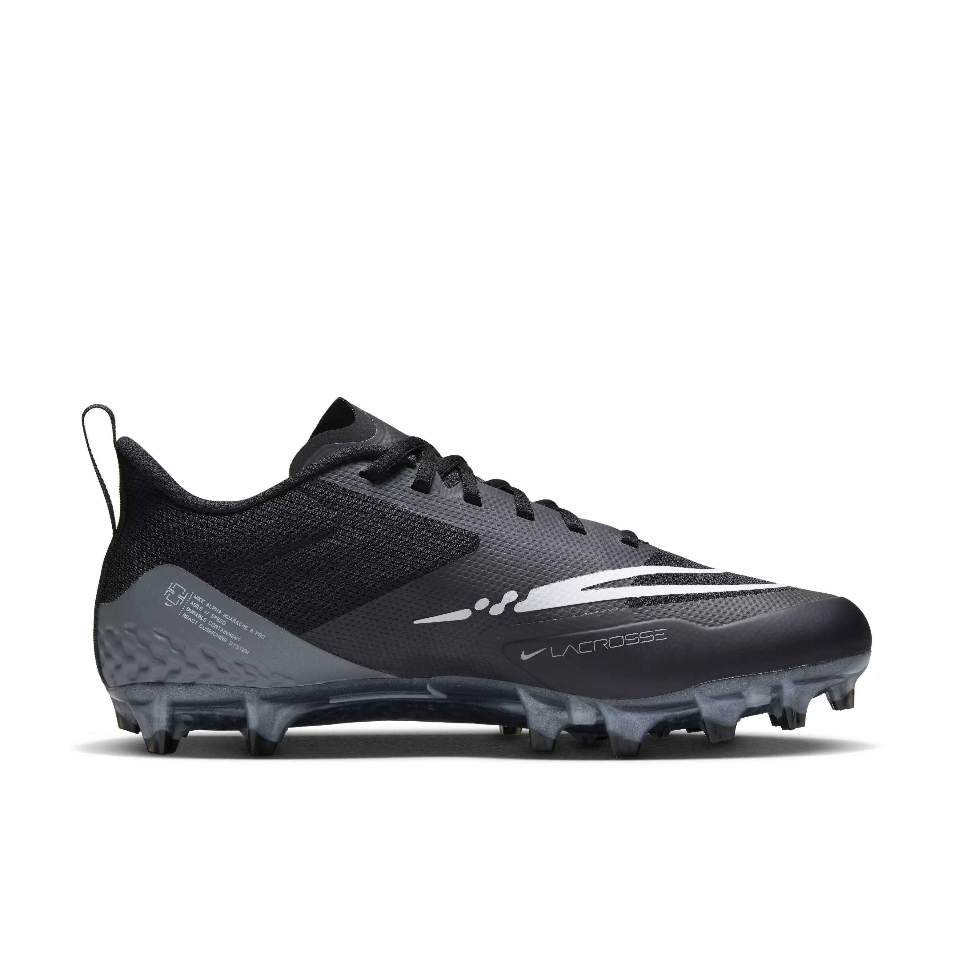 Nike Alpha Huarache 8 Pro "Black/Black/Light Smoke Grey/Dark Smoke Grey" Men's Lacrosse Cleat - BLACK/BLACK/LT GREY/DK GREY