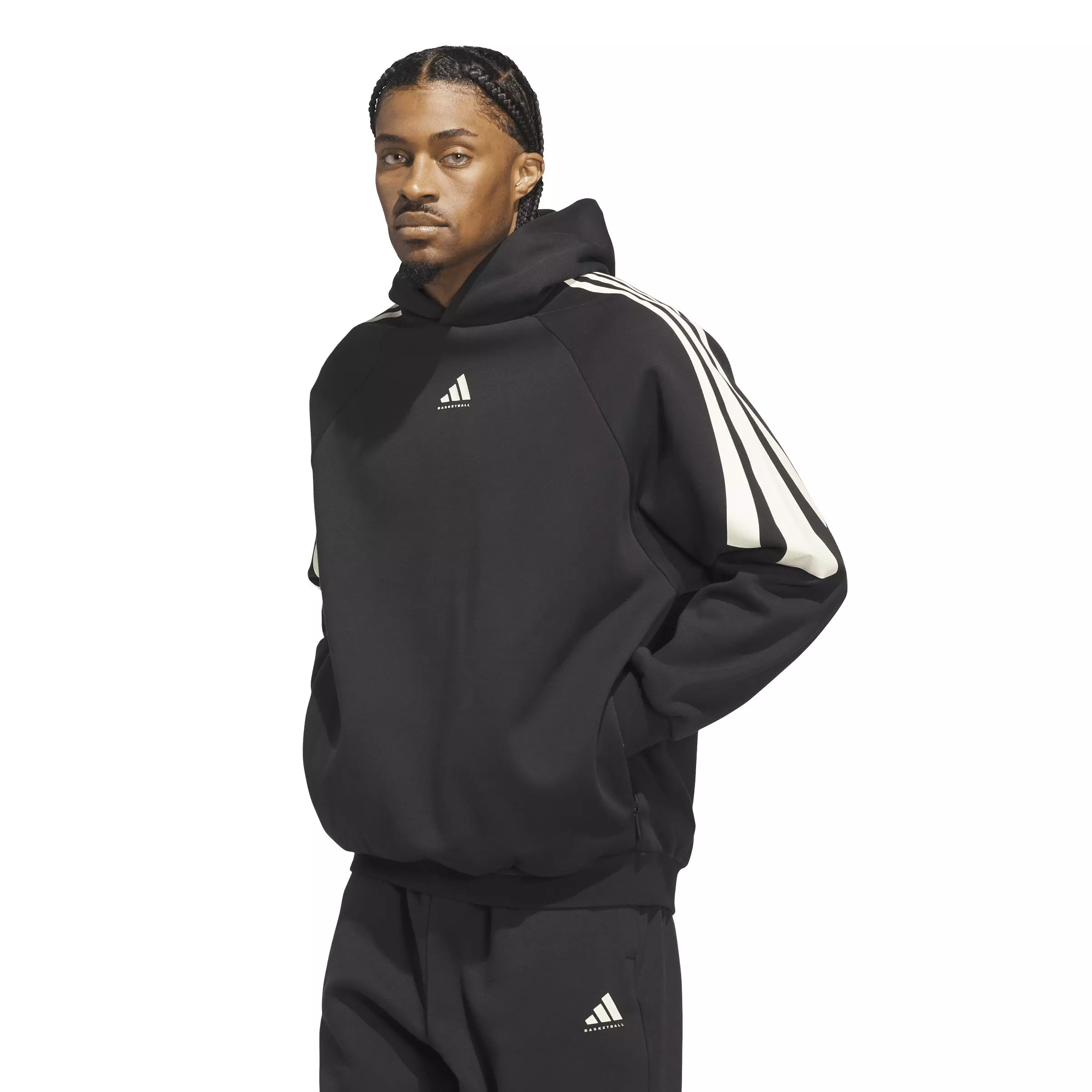 adidas Unisex Basketball 3-Stripes Fleece Hoodie - Black - BLACK