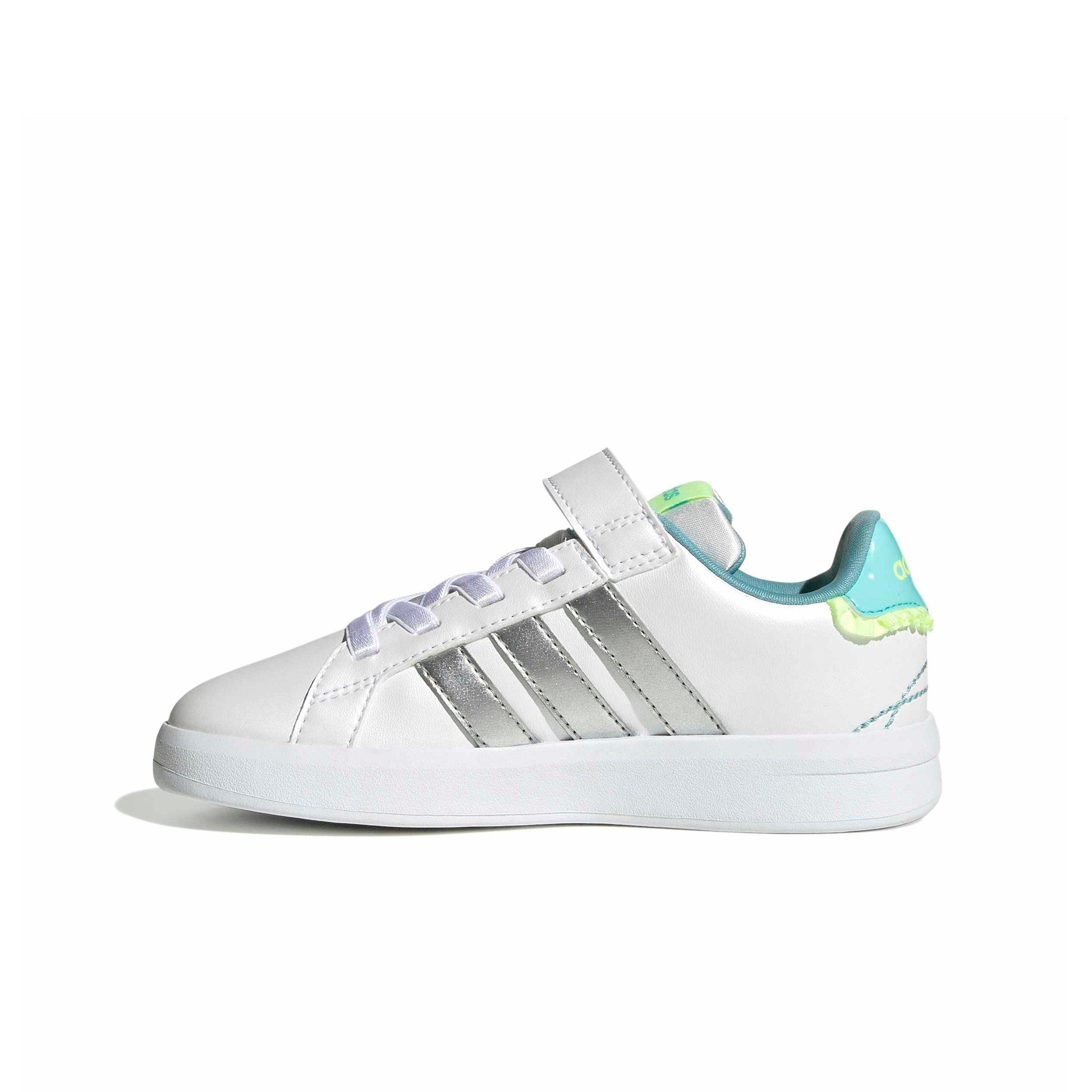 adidas Grand Court 3.0 "Ftwr White/Silver Met./Flash Aqua" Preschool Girls' Shoe - WHITE/SILVER/AQUA