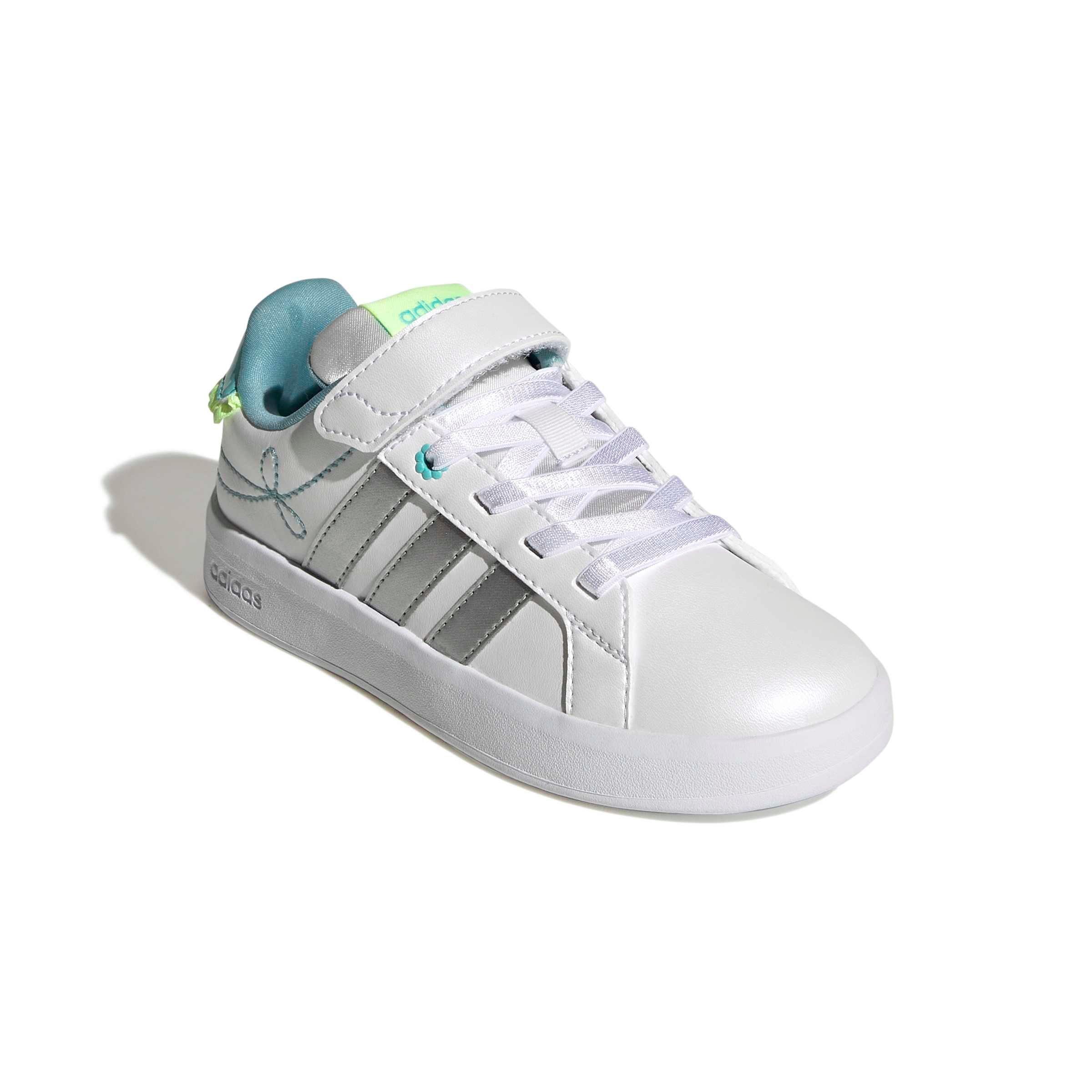 adidas Grand Court 3.0 "Ftwr White/Silver Met./Flash Aqua" Preschool Girls' Shoe - WHITE/SILVER/AQUA