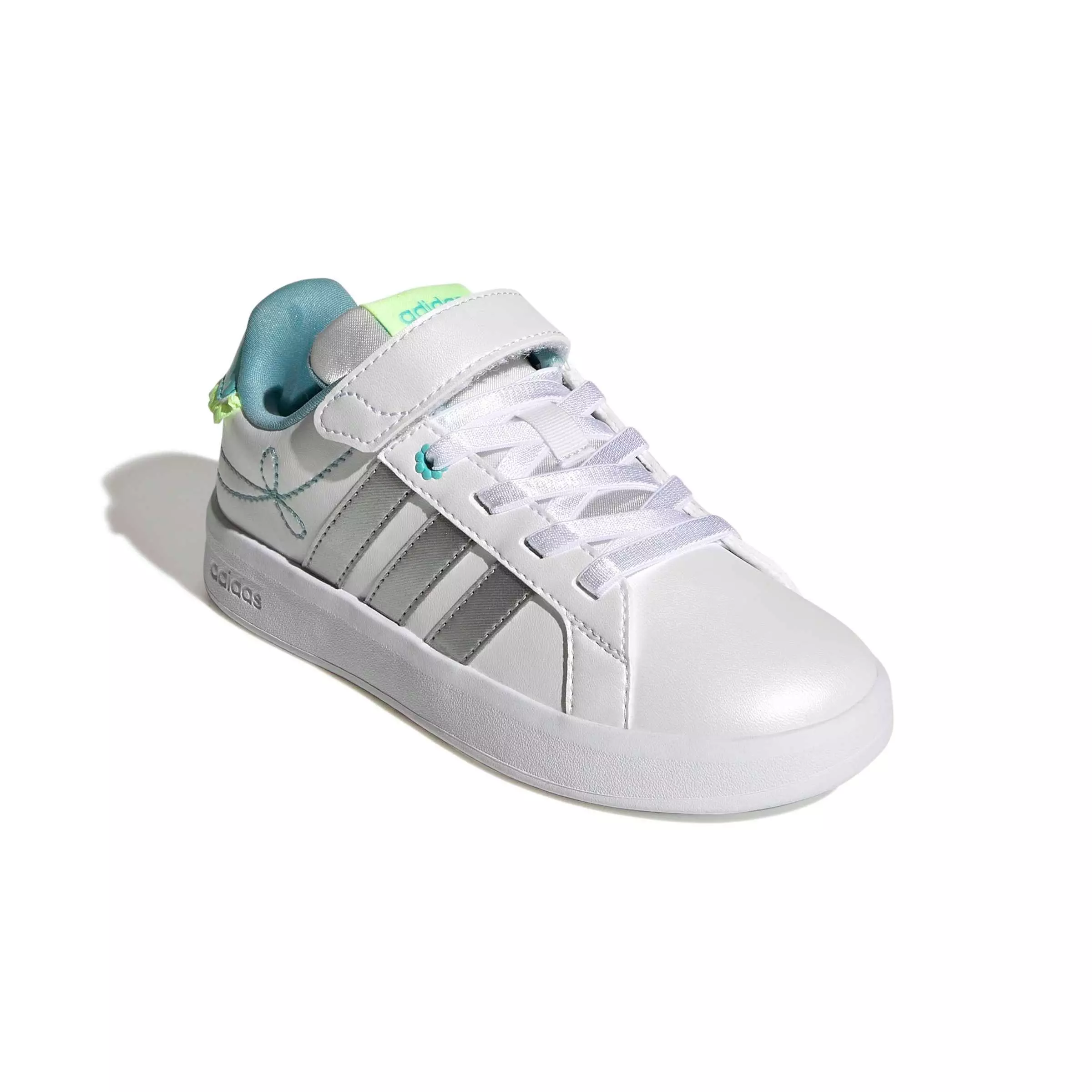 adidas Grand Court 3.0 "Ftwr White/Silver Met./Flash Aqua" Preschool Girls' Shoe - WHITE/SILVER/AQUA