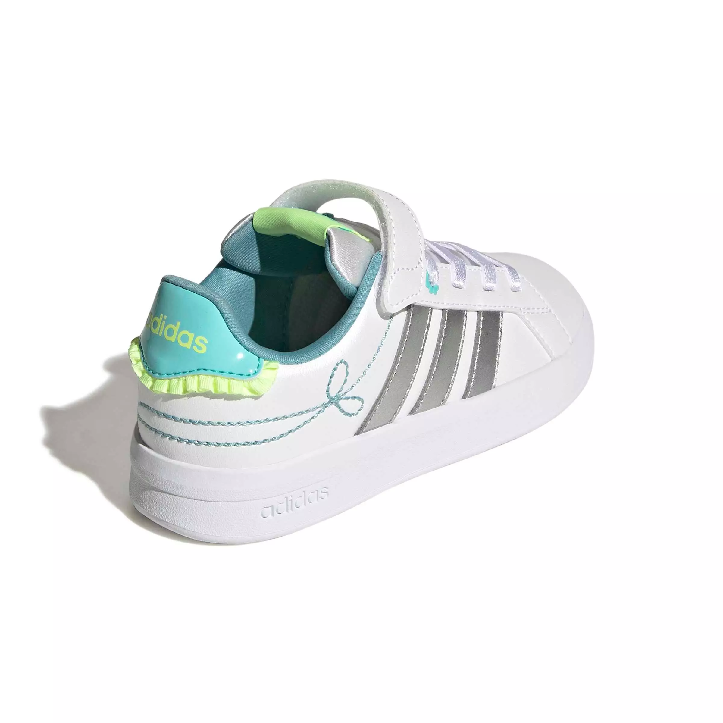 adidas Grand Court 3.0 "Ftwr White/Silver Met./Flash Aqua" Preschool Girls' Shoe - WHITE/SILVER/AQUA