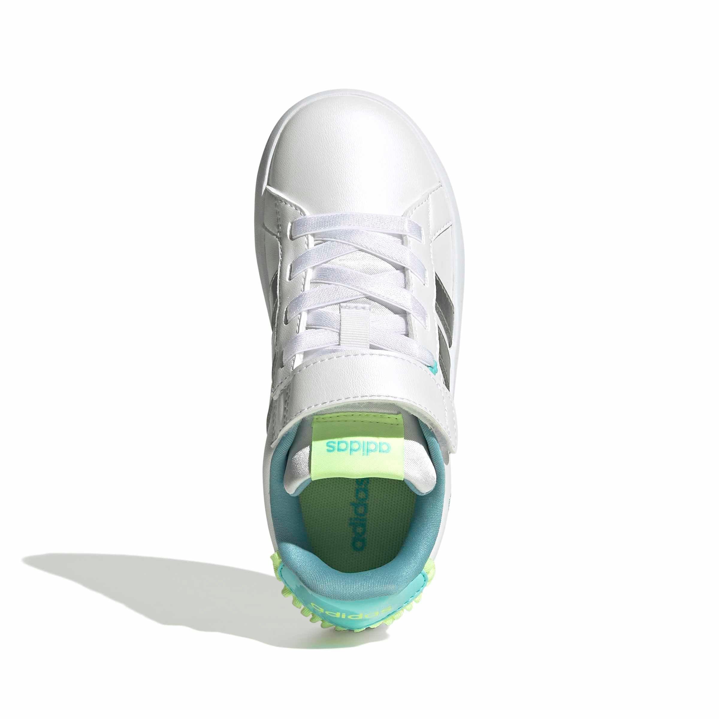 adidas Grand Court 3.0 "Ftwr White/Silver Met./Flash Aqua" Preschool Girls' Shoe - WHITE/SILVER/AQUA