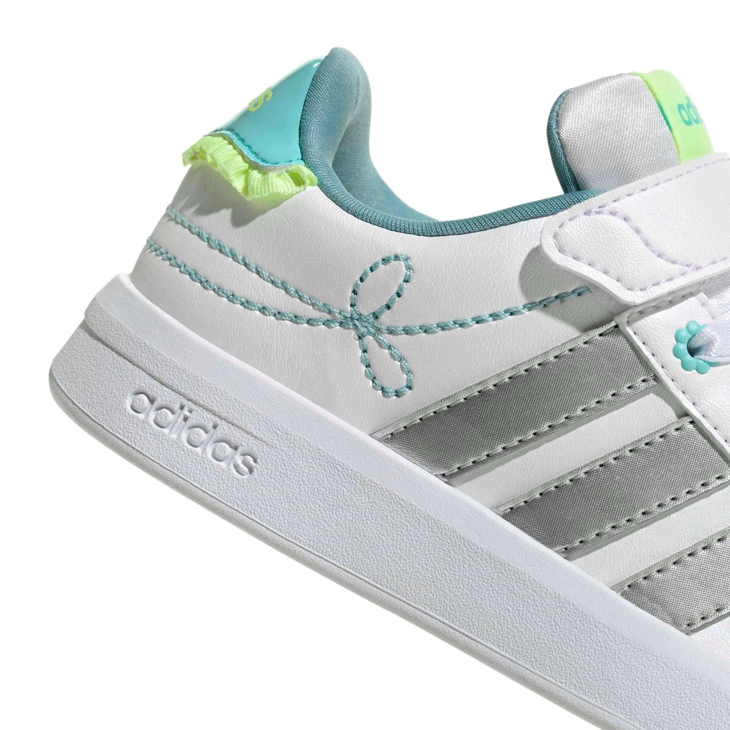 adidas Grand Court 3.0 "Ftwr White/Silver Met./Flash Aqua" Preschool Girls' Shoe - WHITE/SILVER/AQUA