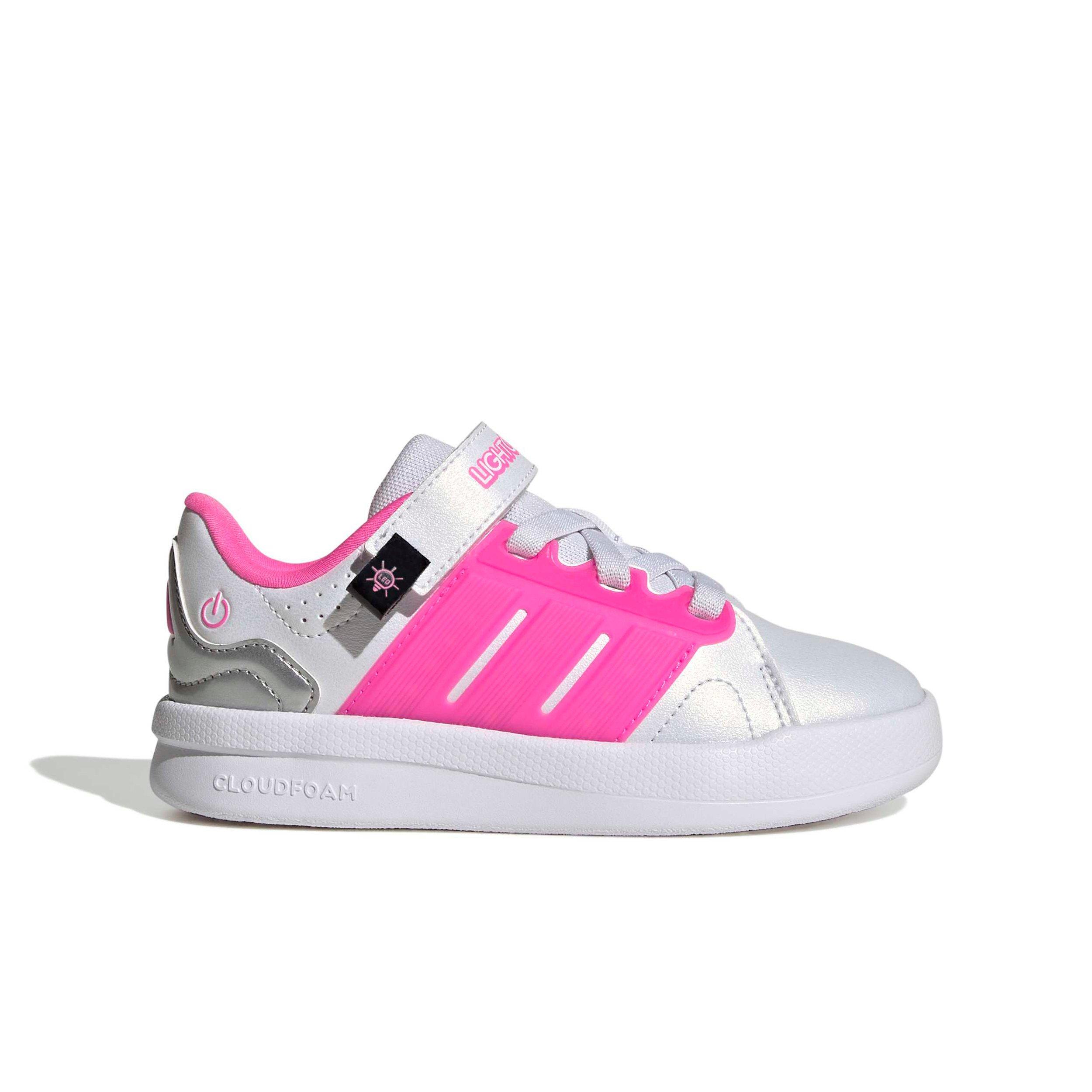 adidas Lightorama Court "Ftwr White/Lucid Pink/Silver Metallic" Preschool Girls' Shoe - WHITE/PINK/SILVER
