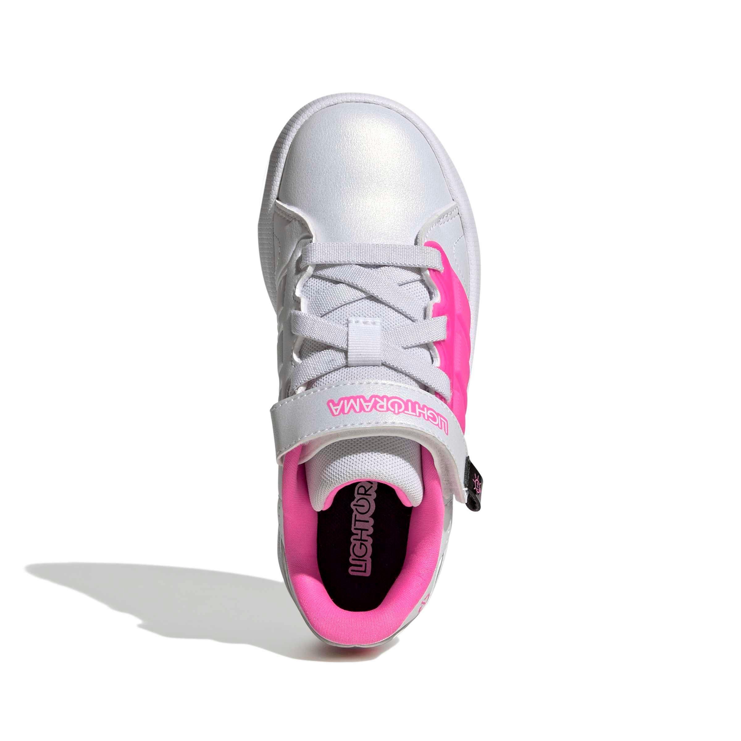 adidas Lightorama Court "Ftwr White/Lucid Pink/Silver Metallic" Preschool Girls' Shoe - WHITE/PINK/SILVER