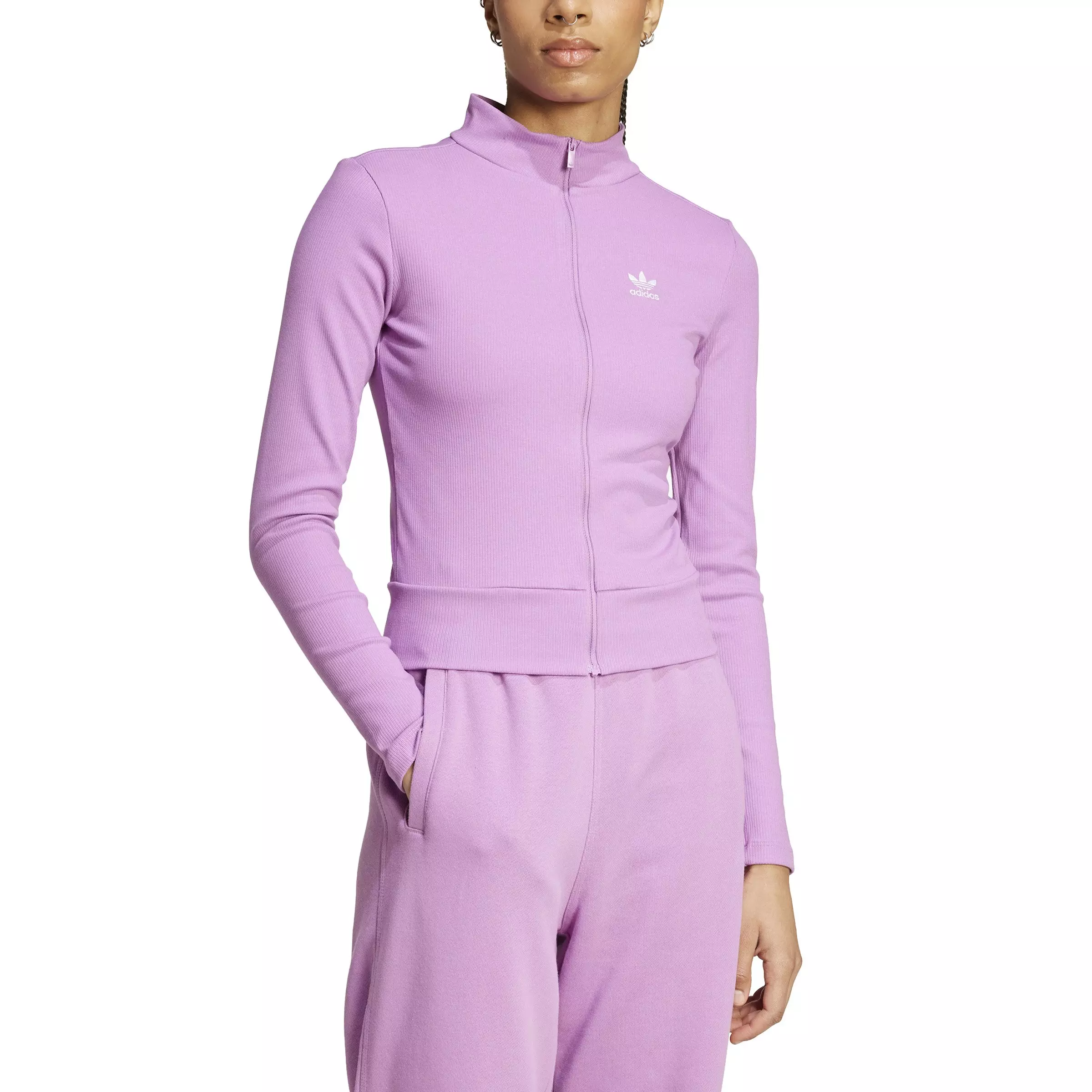 adidas Originals Women's Essentials Ribbed Full-Zip Track Top-Purple - PURPLE