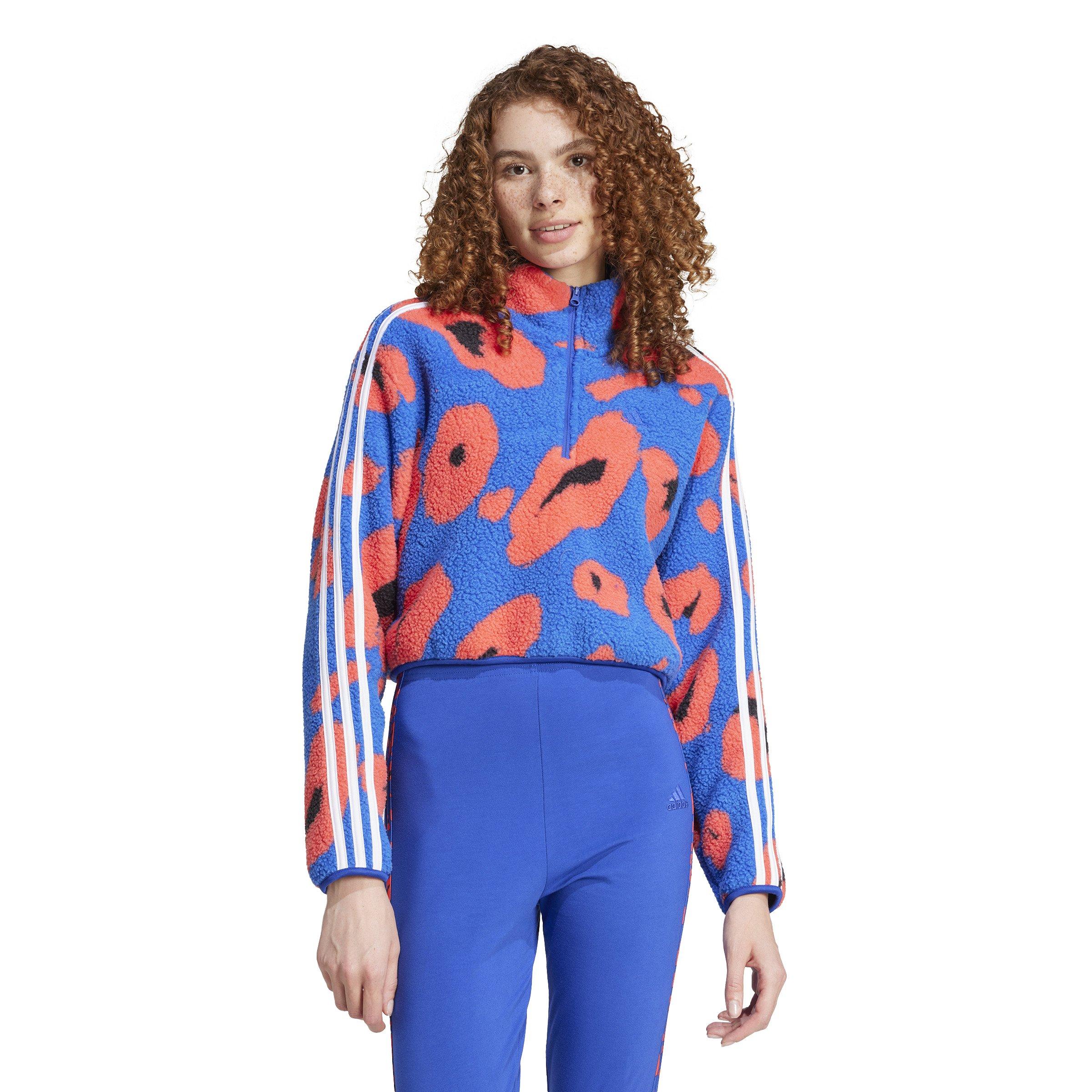 ★adidas★ Animal Print Fleece Crop Top Blue Red adidas Women's Essentials 3-Stripes Animal Print High Pile