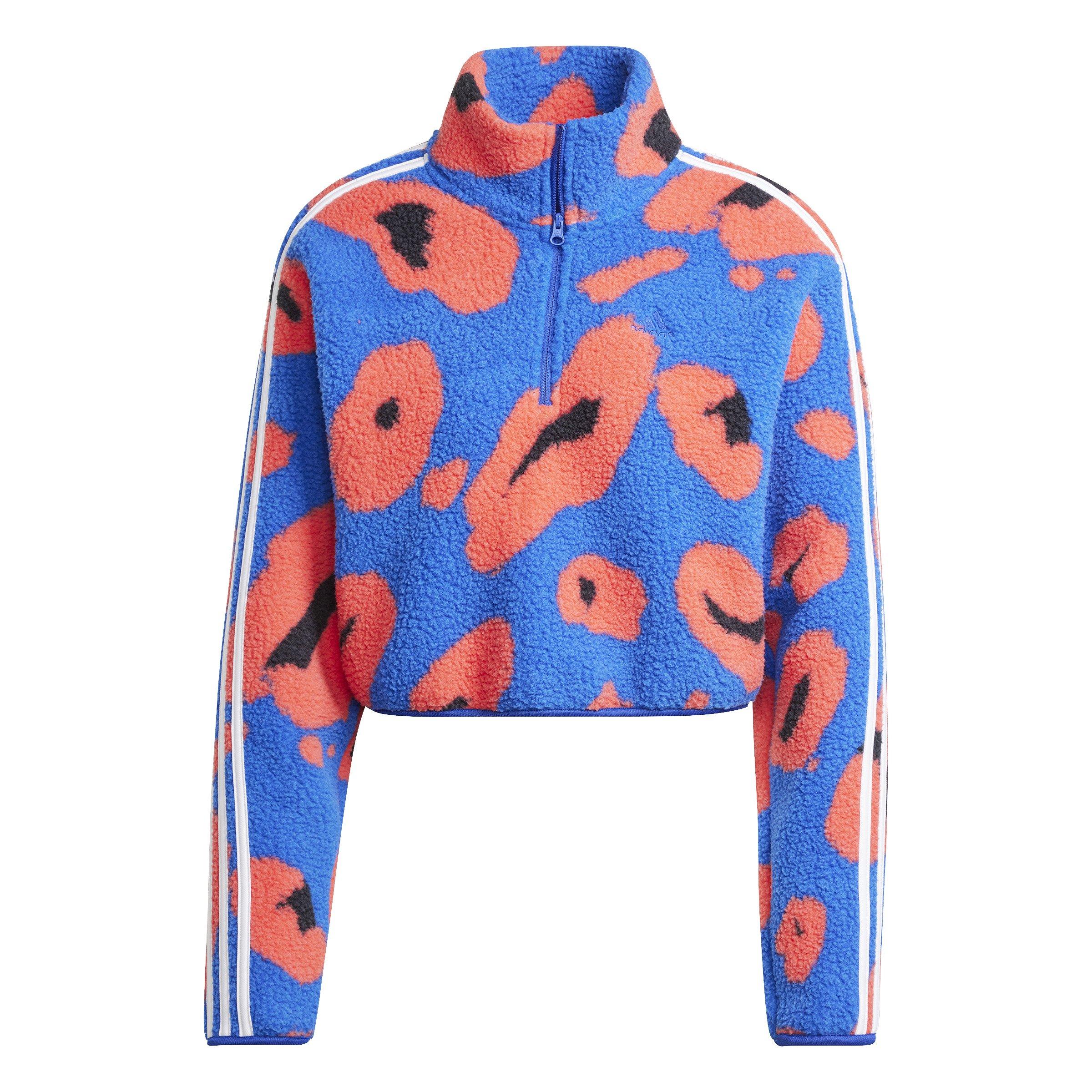 ★adidas★ Animal Print Fleece Crop Top Blue Red adidas Women's Essentials 3-Stripes Animal Print High Pile