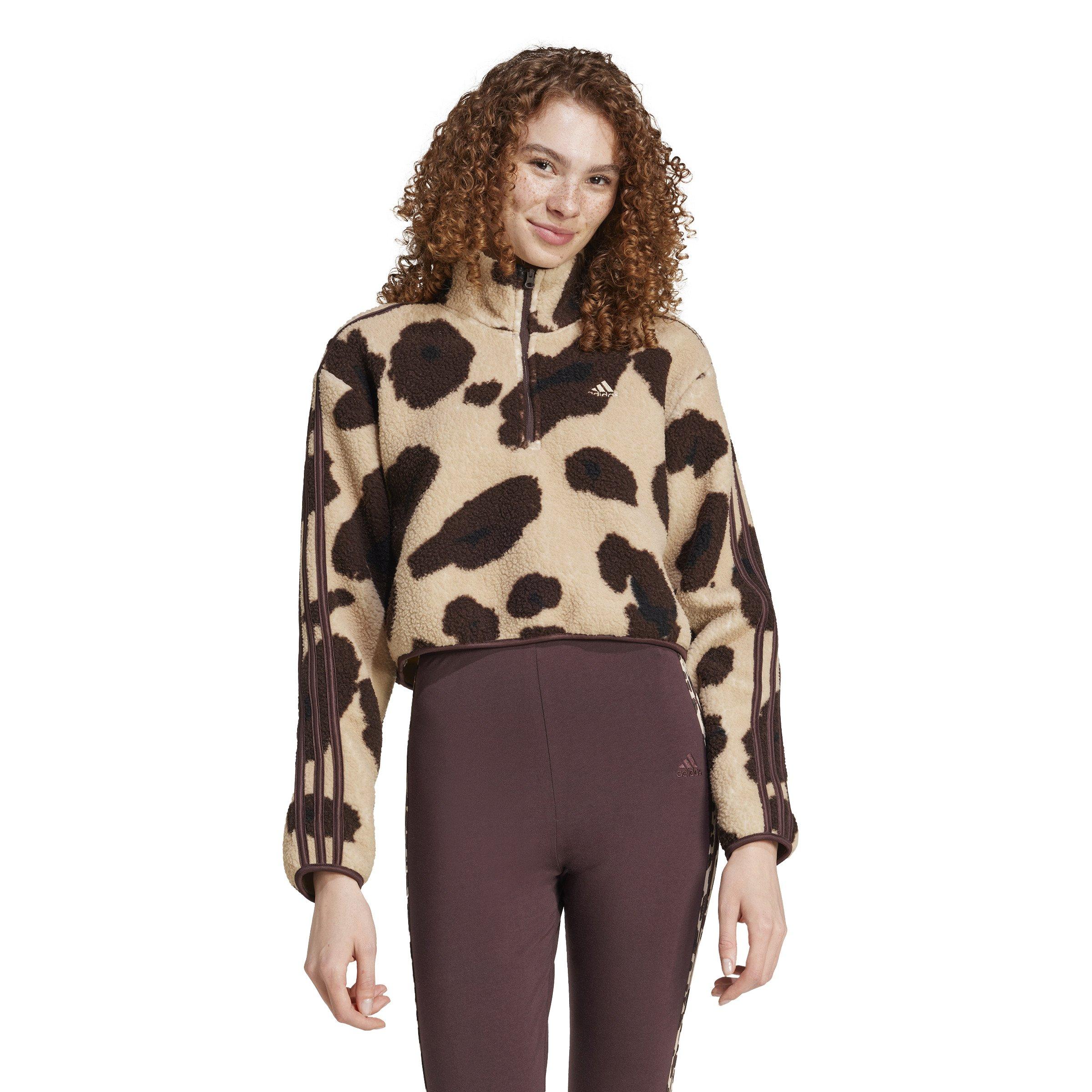 ★adidas★ Animal Print Fleece Crop Half Zip Up Top Brown IY adidas Women's Essentials 3-Stripes Animal Print High Pile