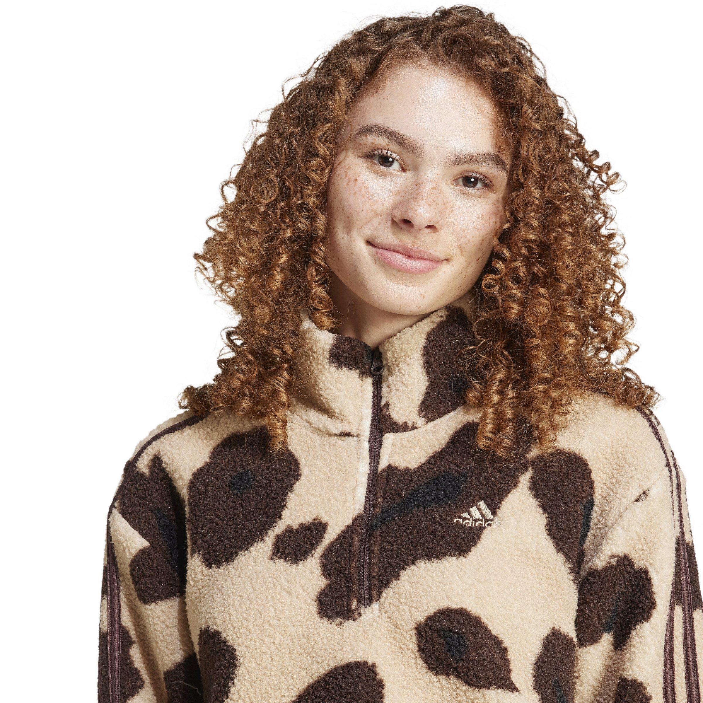 ★adidas★ Animal Print Fleece Crop Half Zip Up Top Brown IY adidas Women's Essentials 3-Stripes Animal Print High Pile
