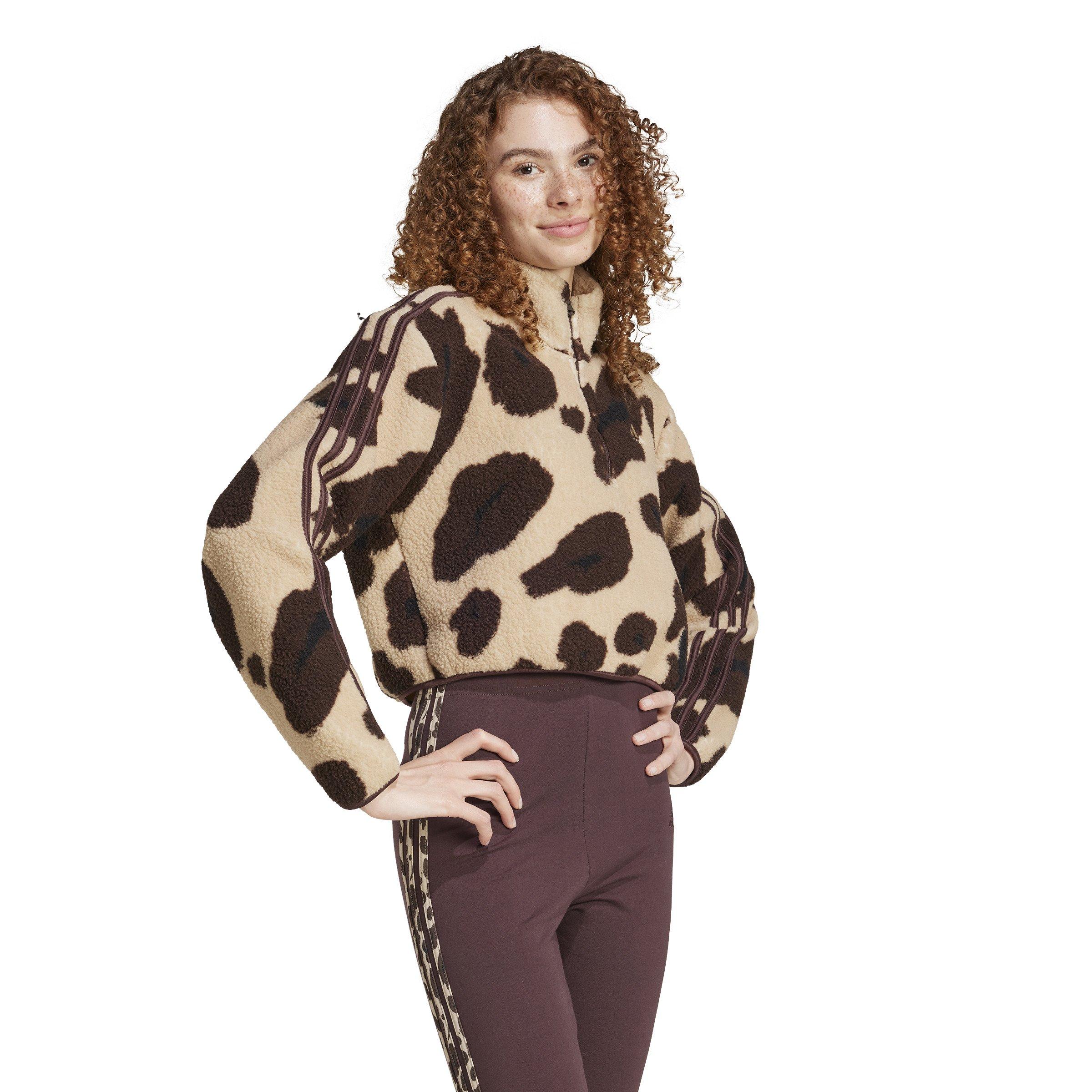 フリースジャケット adidas Animal print fleece crop half zip-up top beige brown Adidas Animal Print Fleece Cropped Half Zip Top Beige Brown