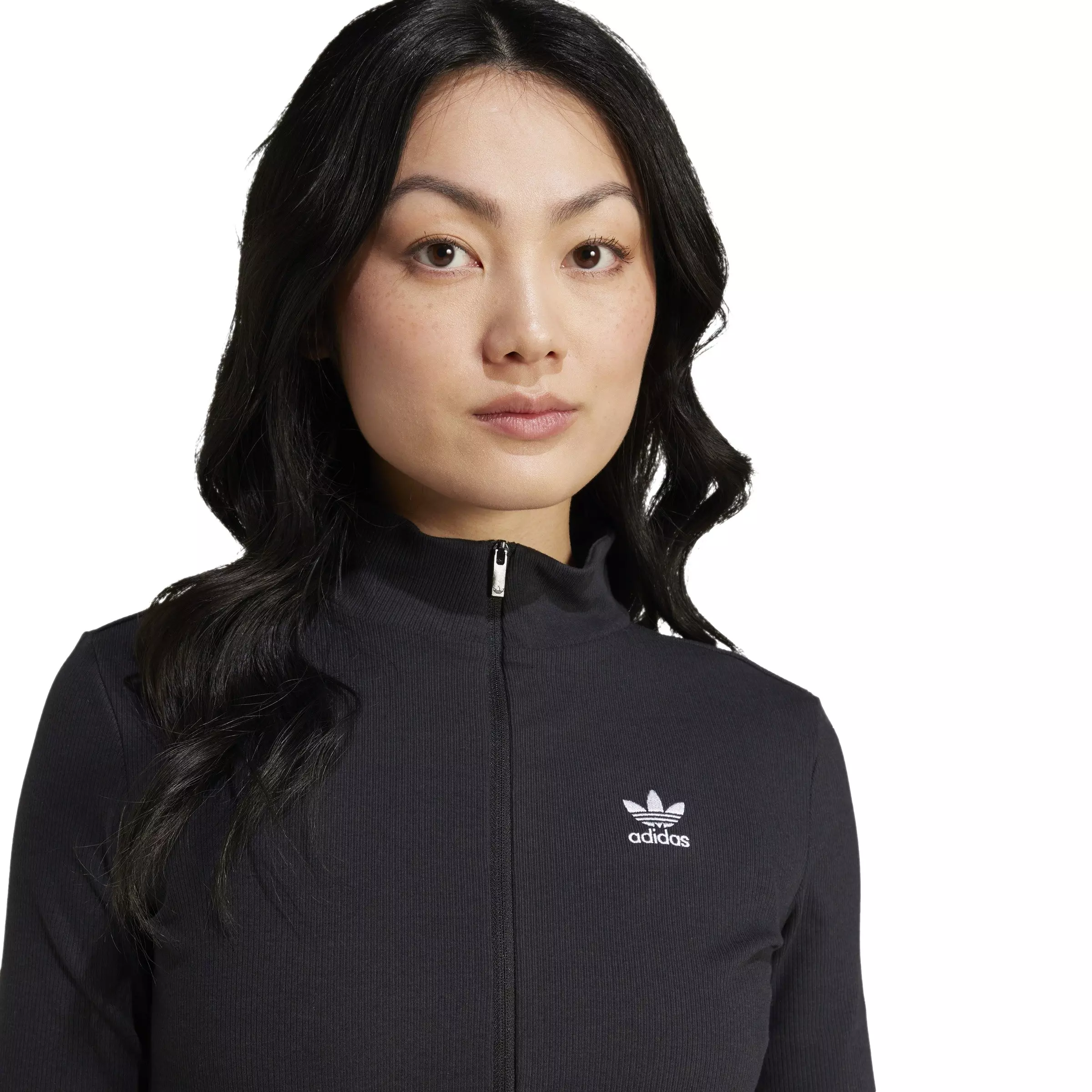 adidas Originals Women's Essentials Ribbed Full-Zip Track Top-Black - BLACK