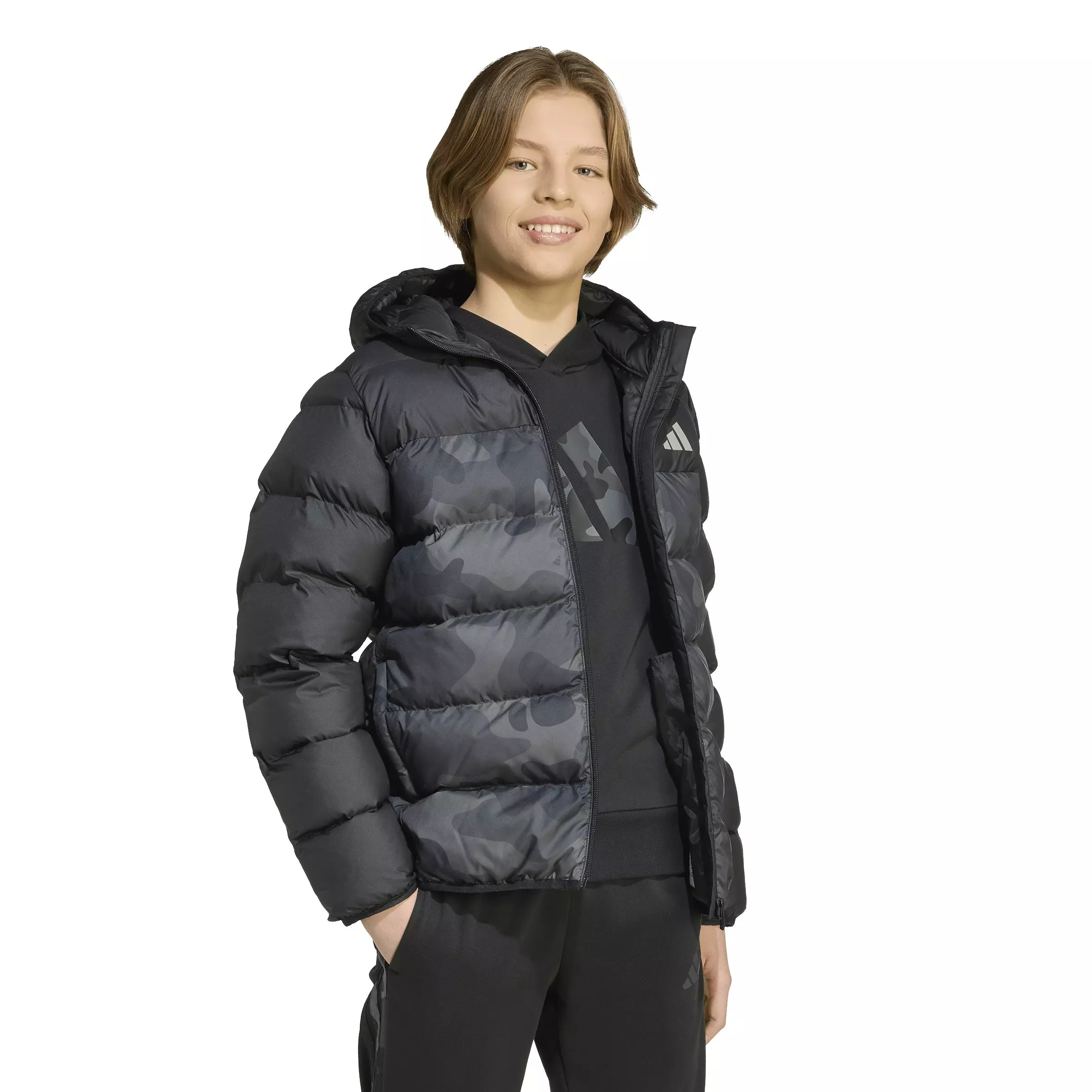 adidas Big Kids' Synthetic Down Allover Print Jacket - Black - BLACK