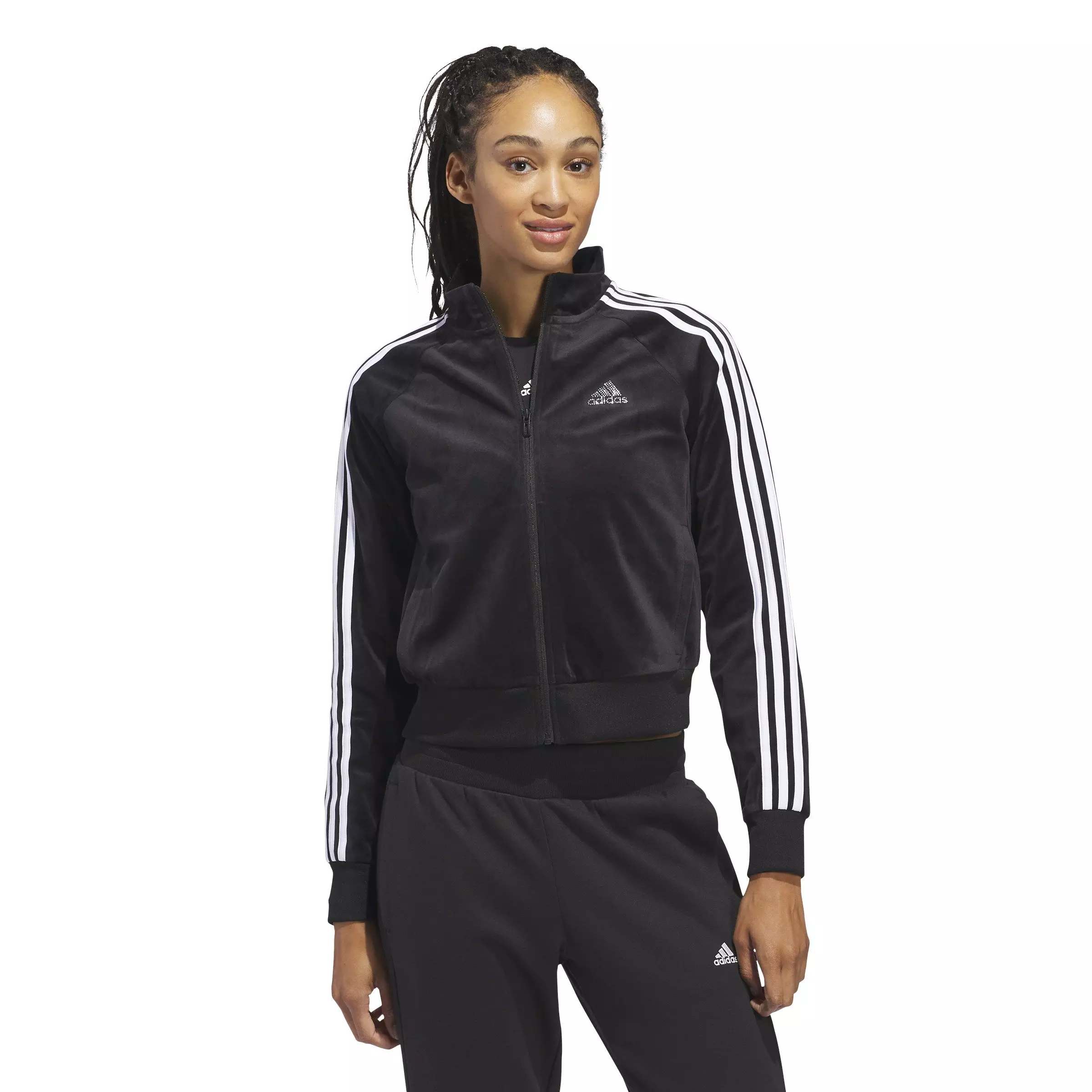 adidas Women's Velour Three-Stripe Tracksuit Top-Black - BLACK