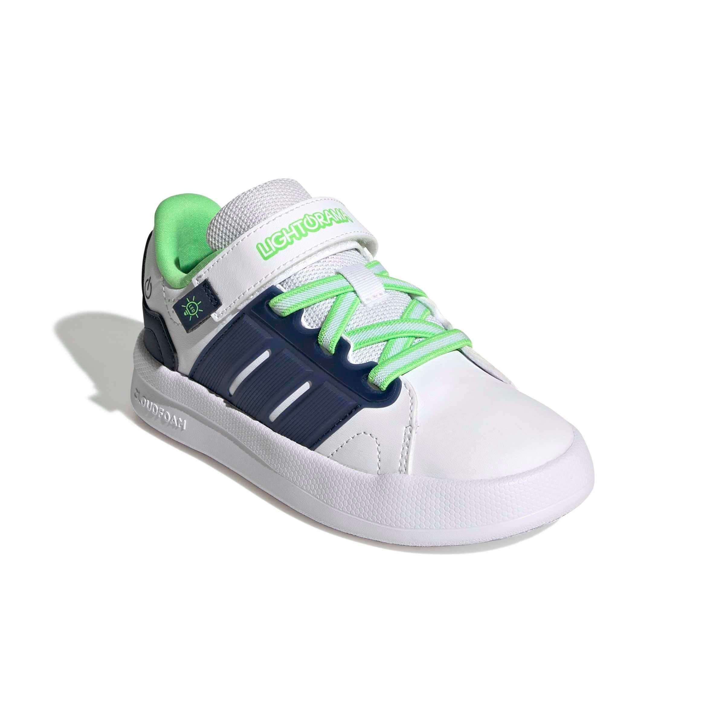 adidas Lightorama Court "Ftwr White/Night Indigo/Screaming Green" Preschool Boys' Shoe - WHITE/INDIGO/GREEN